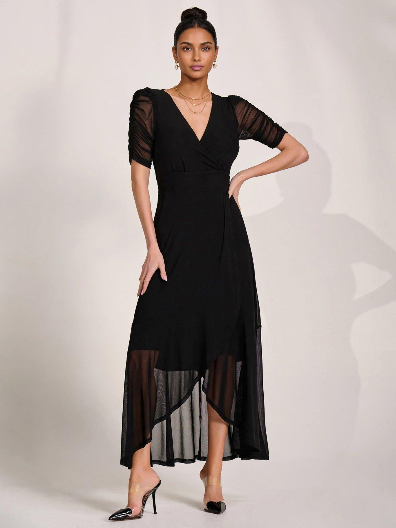Jolie Moi Ruched Sleeve Mesh Maxi Dress - Black