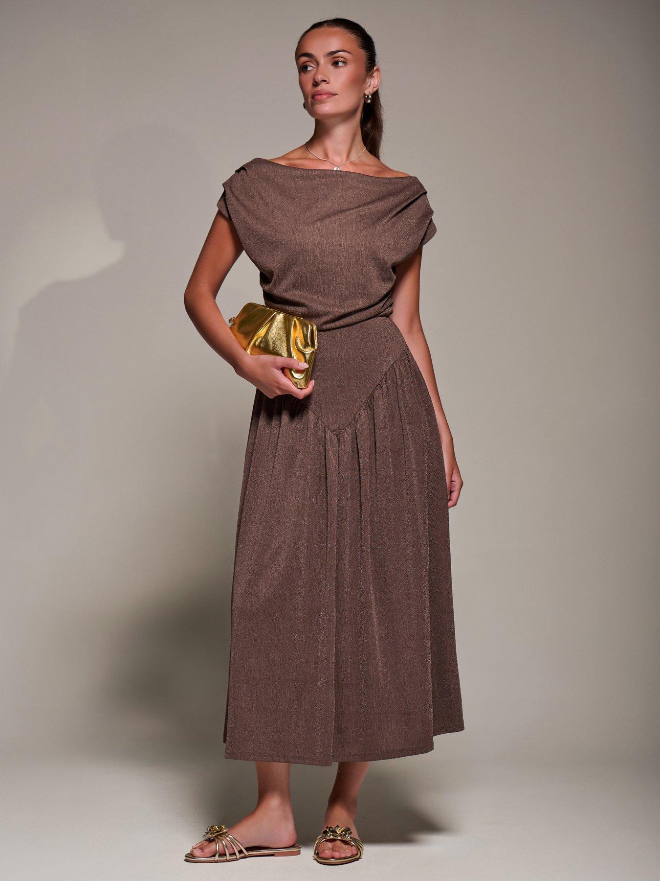 Jolie Moi Asymmetric Neckline Midaxi Dress - Brown