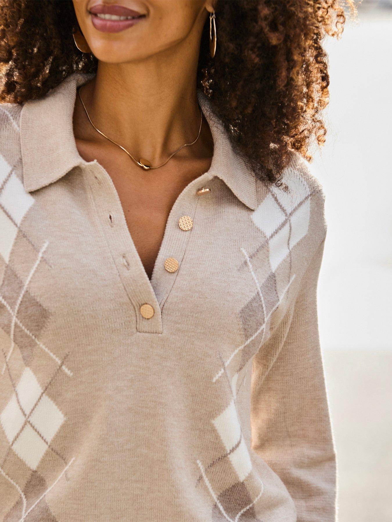 Image 5 of 6 of Sosandar Taupe Argyle Button Front Collared Jumper - Brown