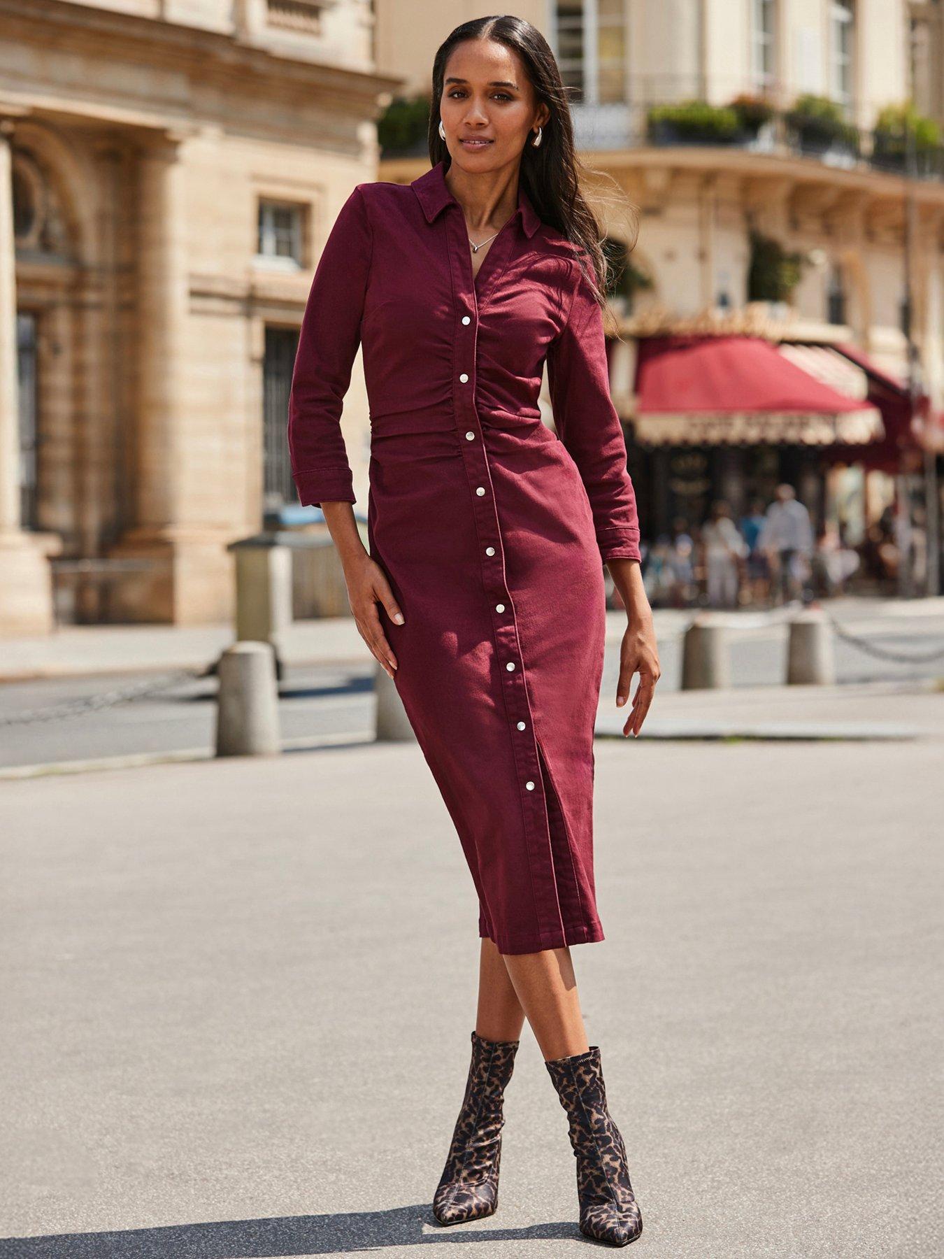 Sosandar Burgundy Ruched Waist Denim Dress - Red