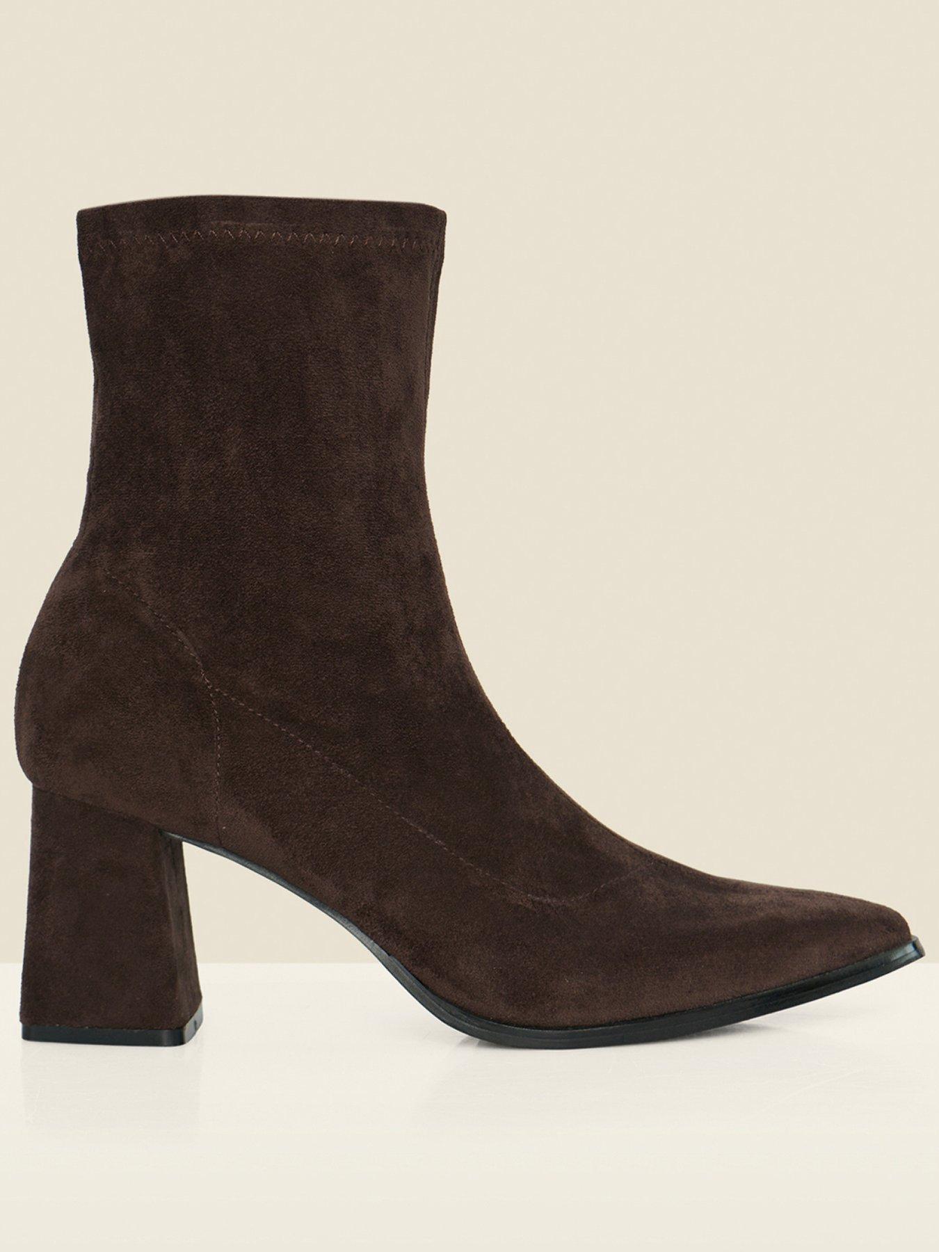 Sosandar Faux Suede Block Heel Ankle Boots - Brown