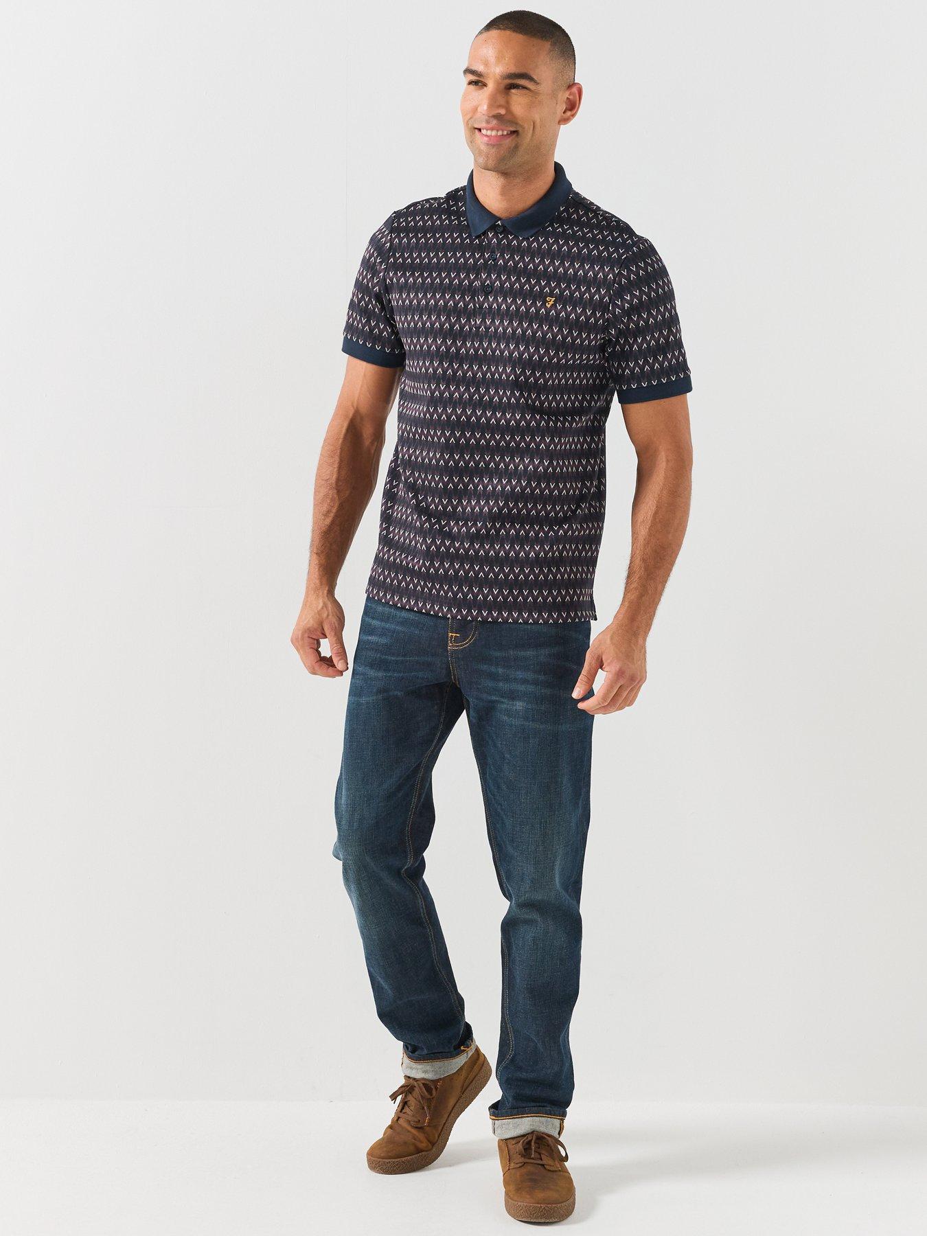 Image 3 of 6 of Farah Mens Galen Heavyweight Jacquard Chevron Polo Shirt - Navy