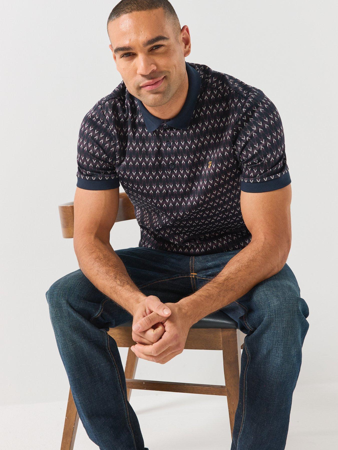 Image 4 of 6 of Farah Mens Galen Heavyweight Jacquard Chevron Polo Shirt - Navy