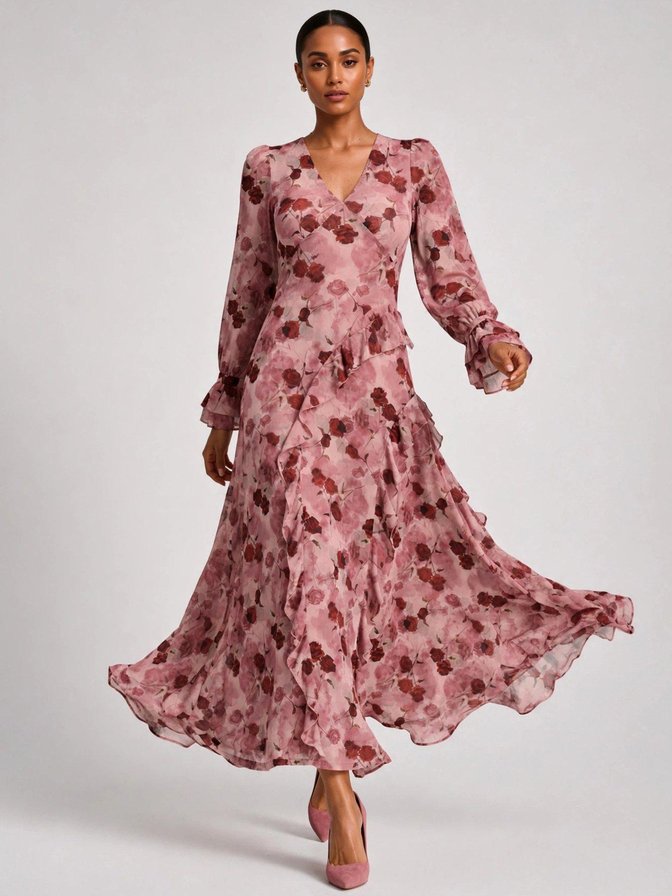 Jolie Moi Long Sleeve Ruffle Mesh Maxi Dress - Pink