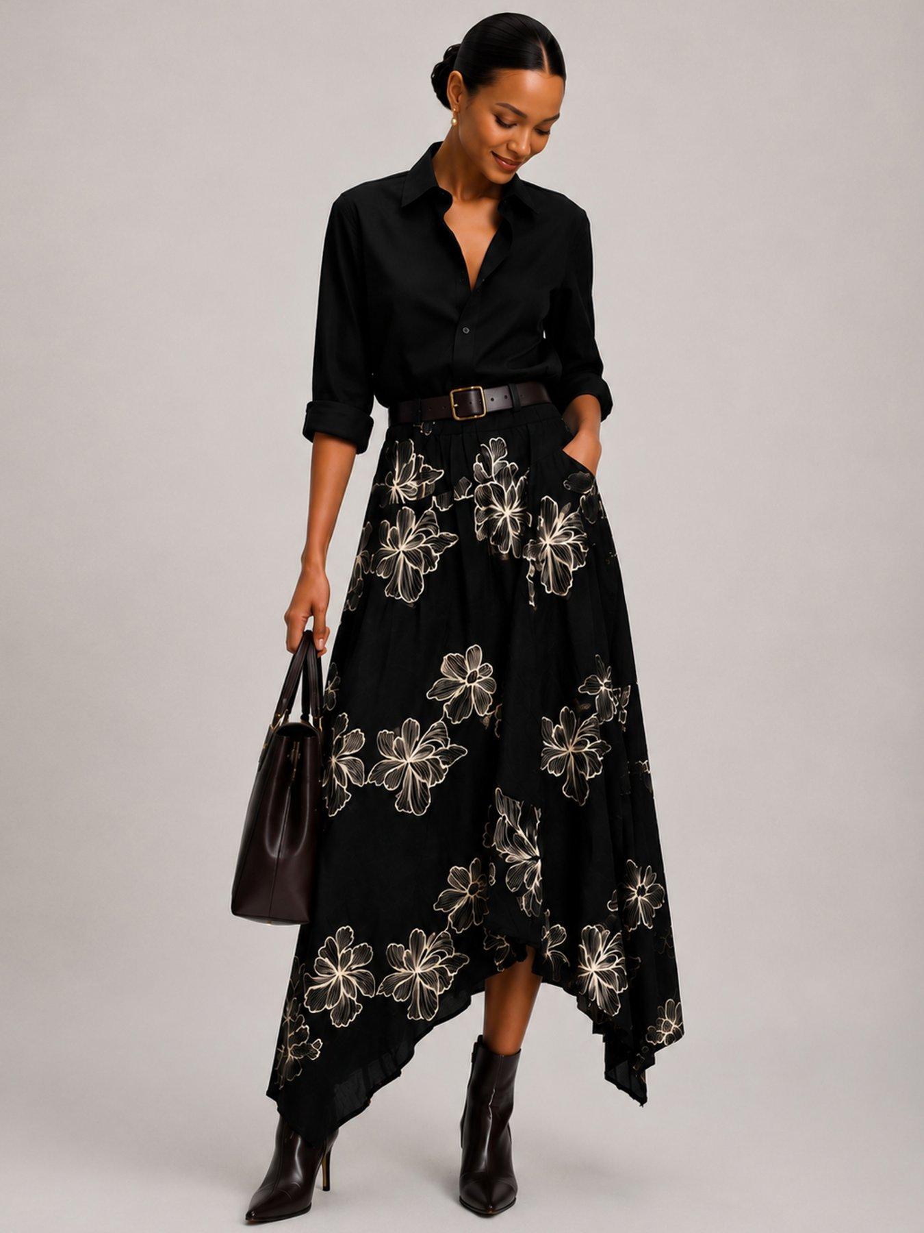 Jolie Moi Women's Asymmetric Floral Embroidered Midi Skirt - Black