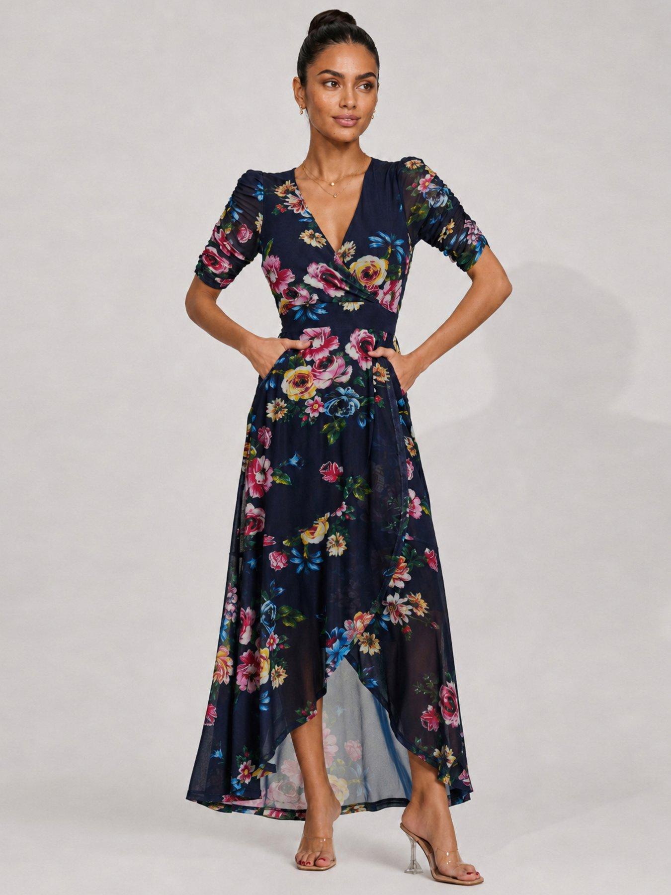 Jolie Moi Ruched Sleeve Mesh Maxi Dress - Navy