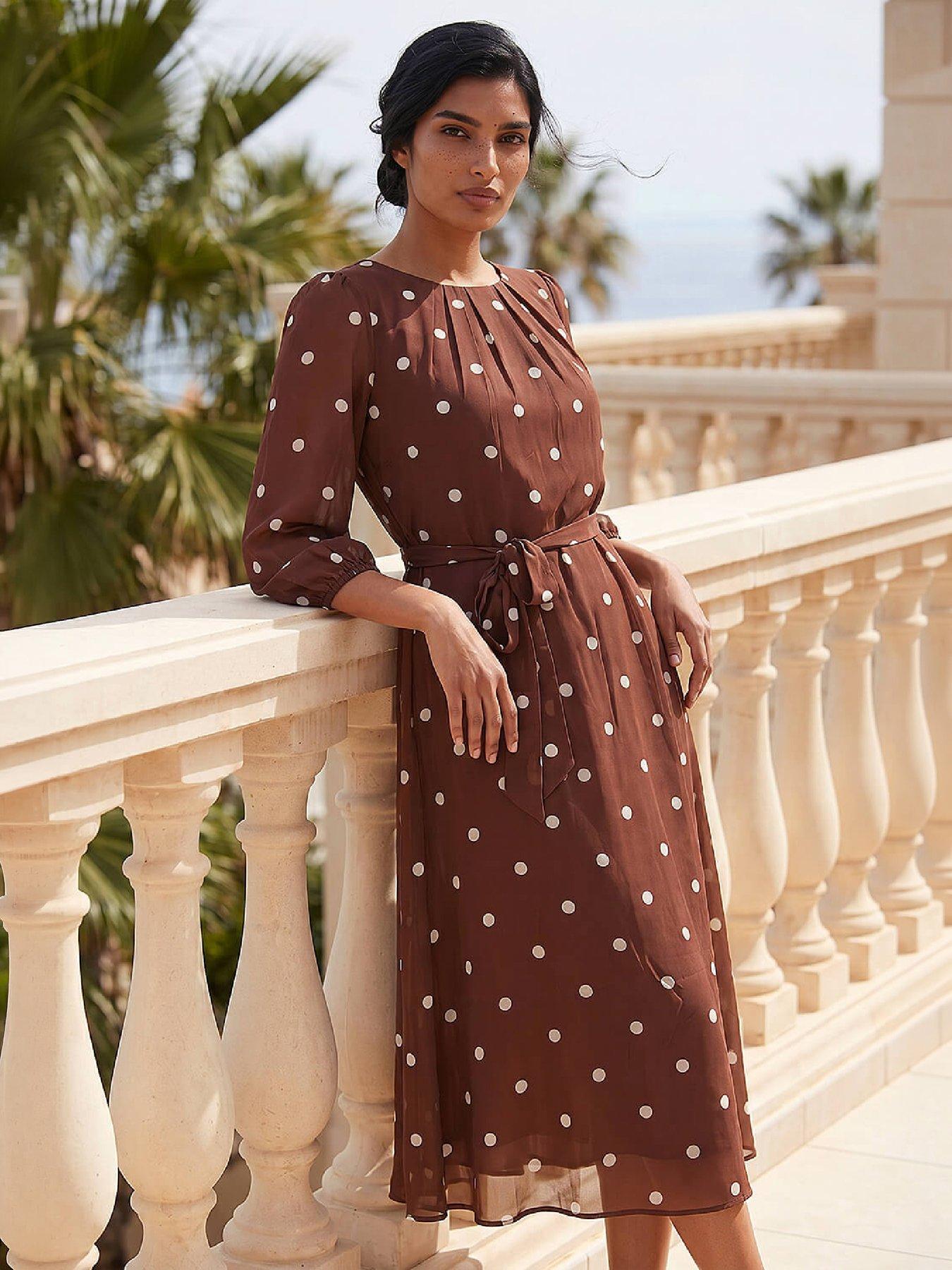 Roman Polka Dot Chiffon Pleated Midi Dress
