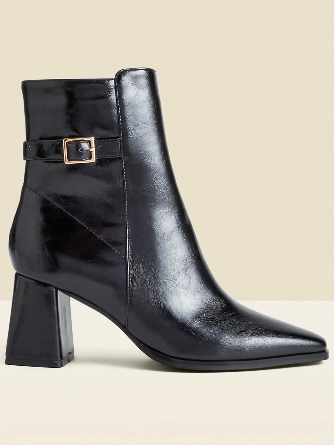 Sosandar Block Heel Ankle Boots with Buckle Trim - Black
