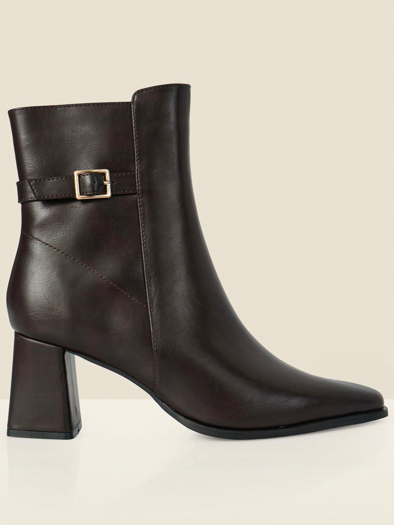 Sosandar Block Heel Ankle Boots with Buckle Trim - Brown
