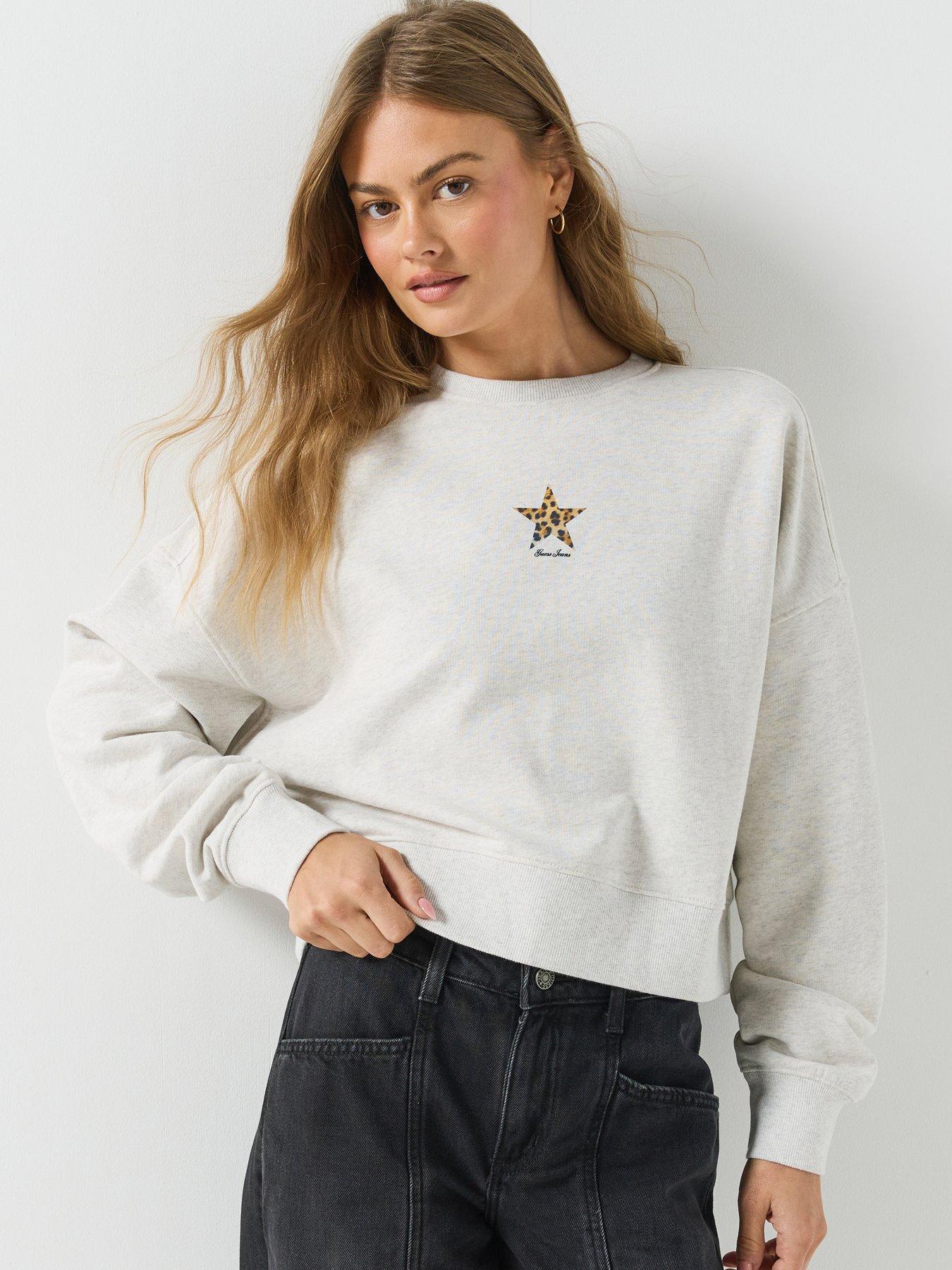 Image 1 of 6 of Guess Jeans Cropped Drop Shoulder Leopard Top - Grey