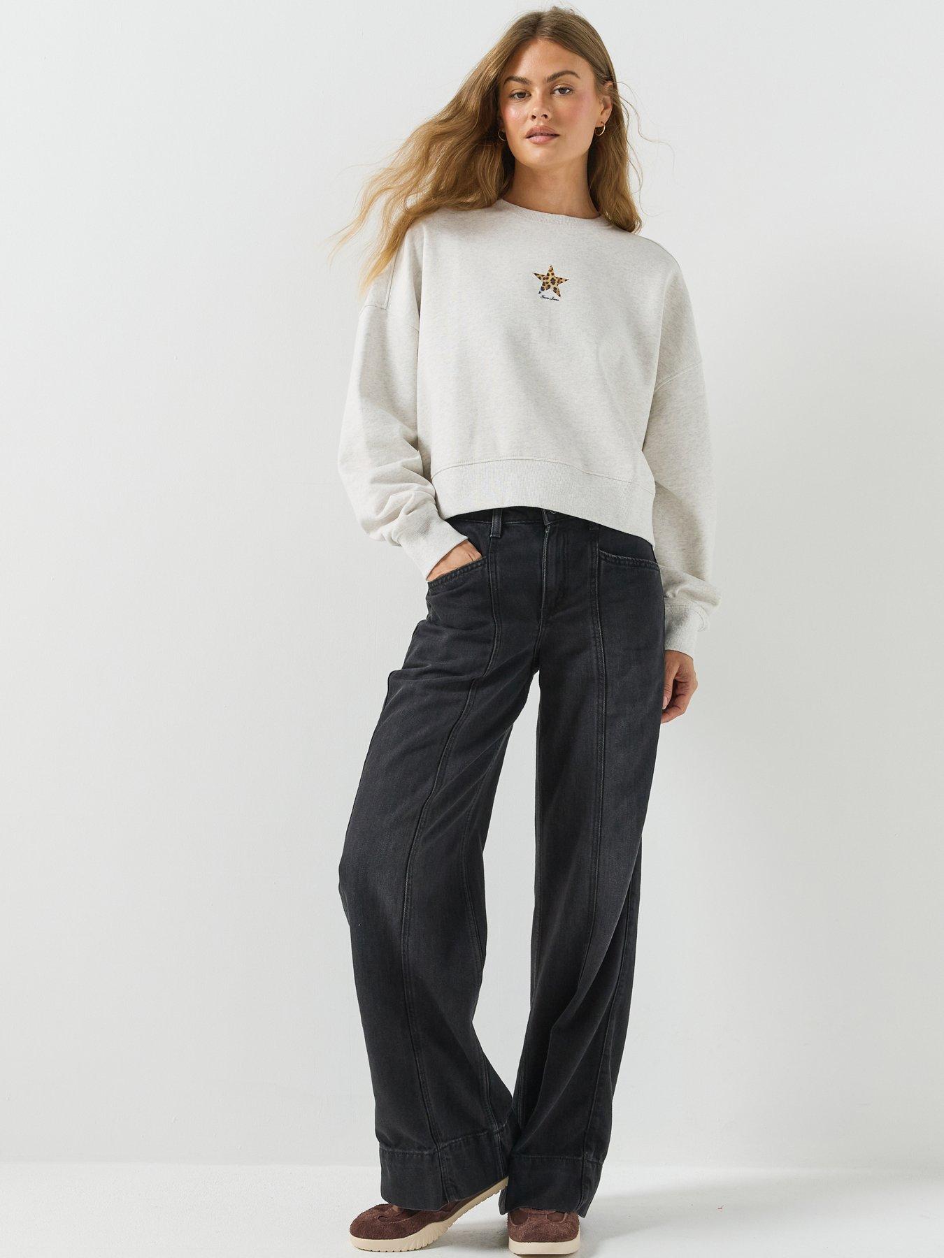 Image 3 of 6 of Guess Jeans Cropped Drop Shoulder Leopard Top - Grey