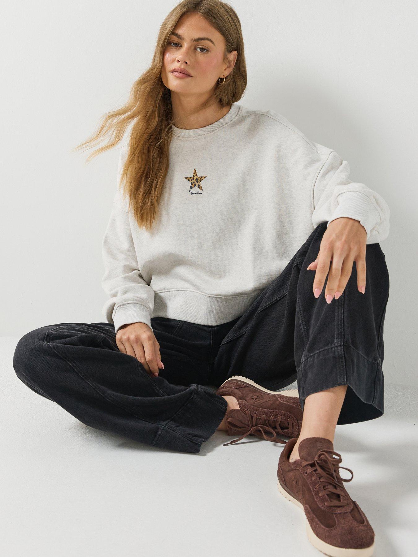Image 6 of 6 of Guess Jeans Cropped Drop Shoulder Leopard Top - Grey