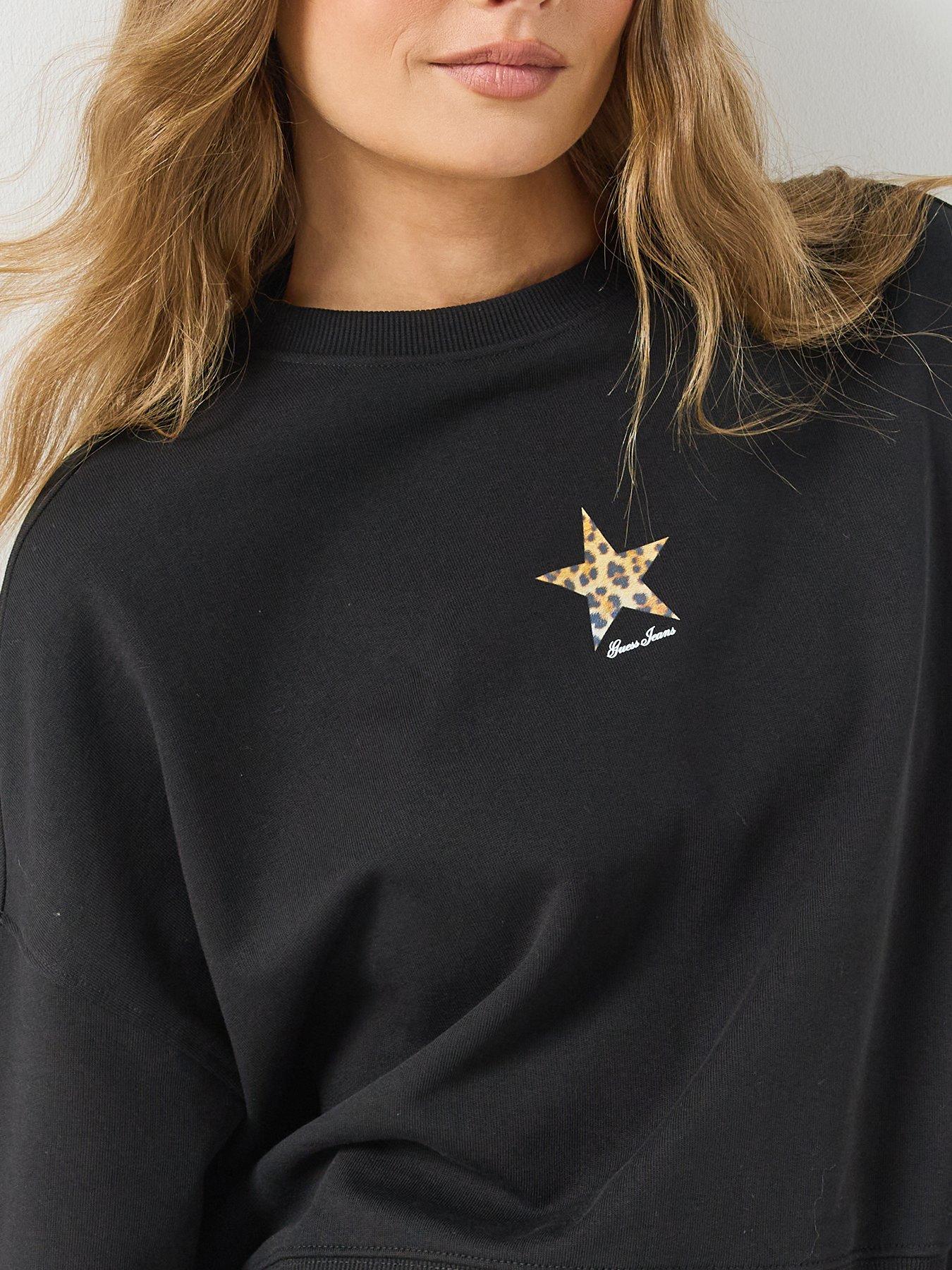 Image 4 of 6 of Guess Jeans Cropped Drop Shoulder Leopard Top - Black