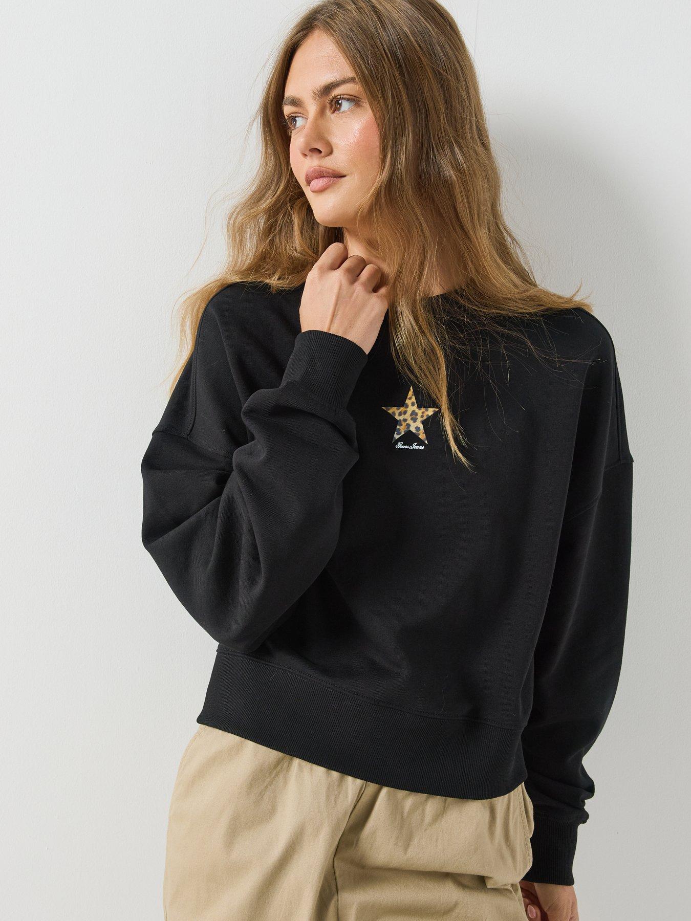 Image 5 of 6 of Guess Jeans Cropped Drop Shoulder Leopard Top - Black