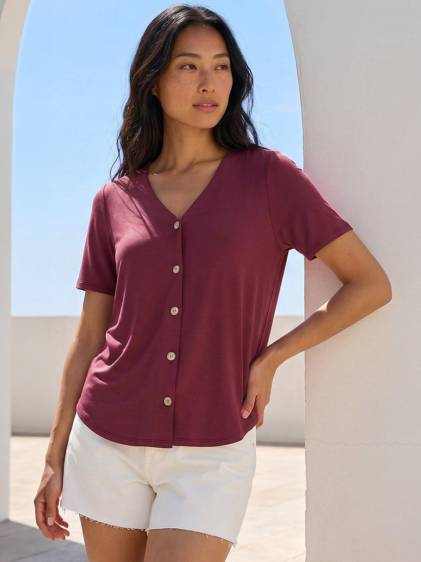 Roman Petite V-neck Buttoned Blouse