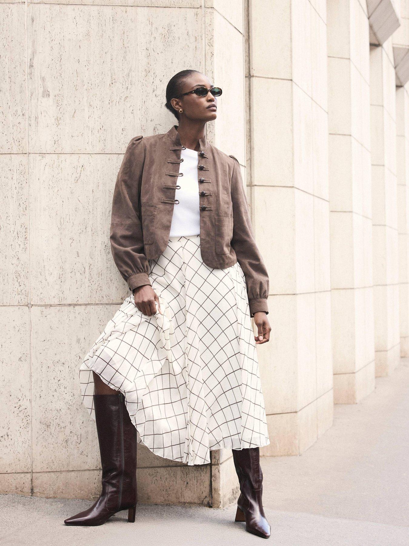 Image 1 of 6 of Mint Velvet Checked Print Pleated Hanky Hem Midi Skirt - Cream