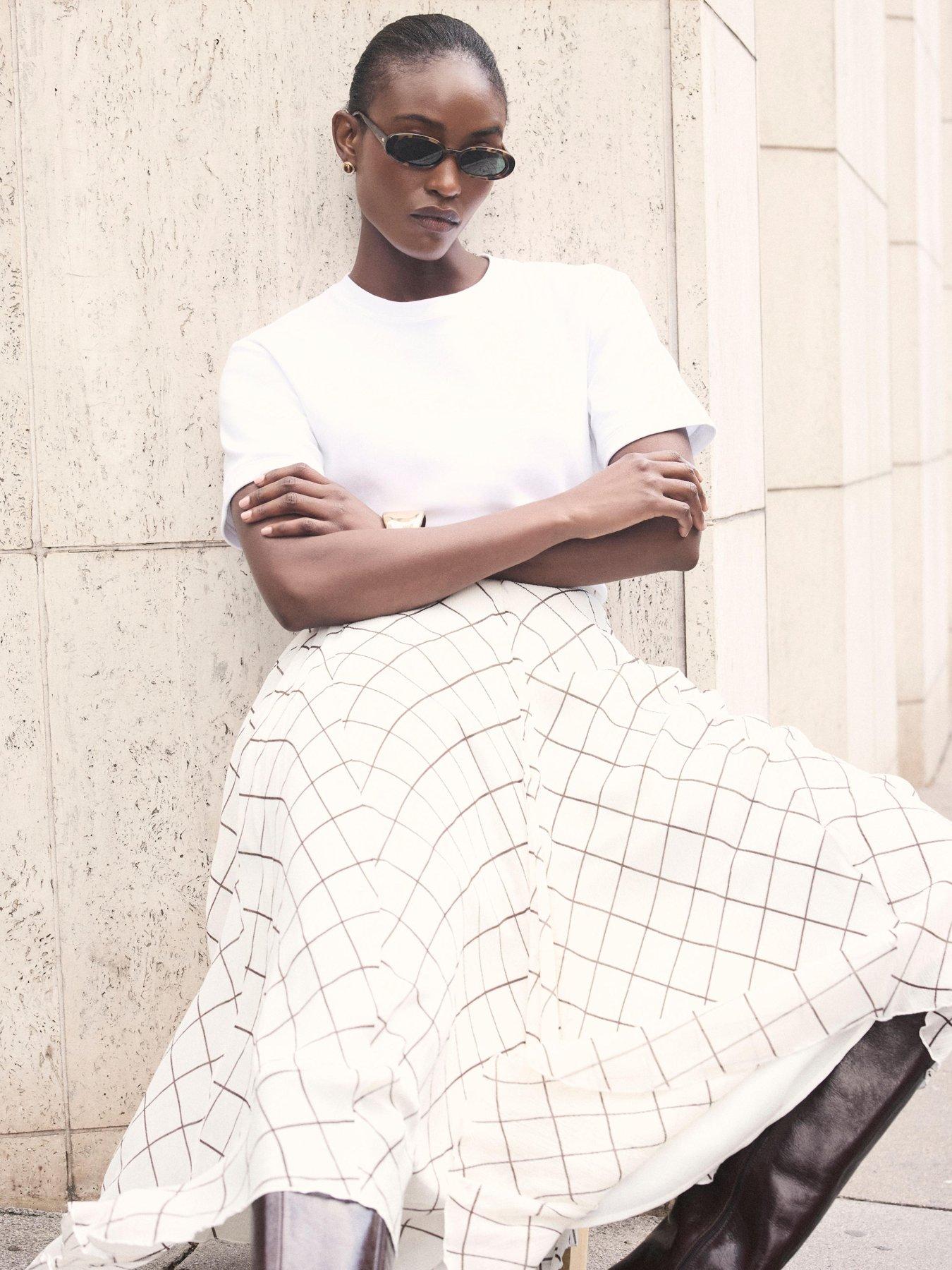 Image 2 of 6 of Mint Velvet Checked Print Pleated Hanky Hem Midi Skirt - Cream