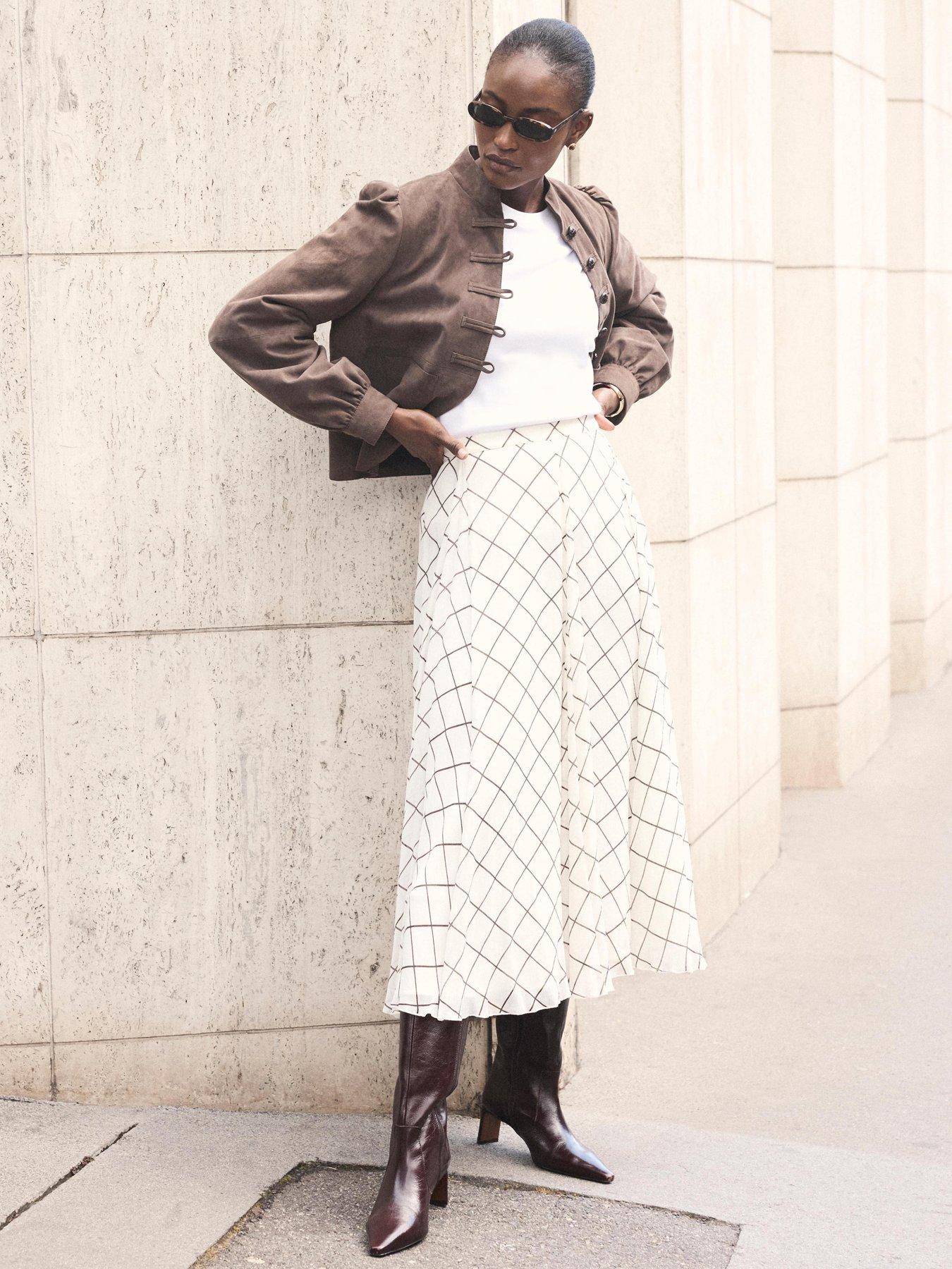 Image 3 of 6 of Mint Velvet Checked Print Pleated Hanky Hem Midi Skirt - Cream