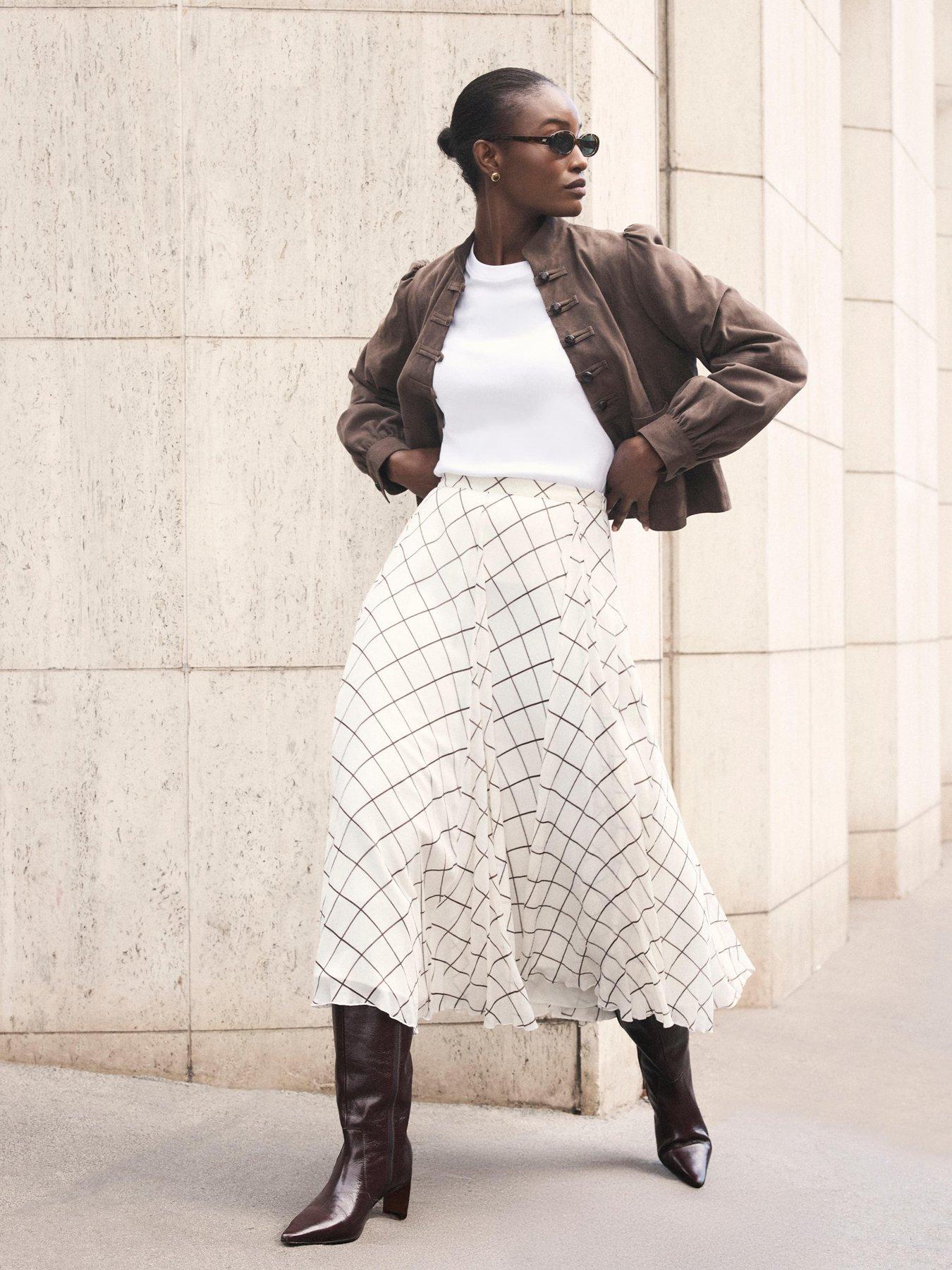 Image 4 of 6 of Mint Velvet Checked Print Pleated Hanky Hem Midi Skirt - Cream