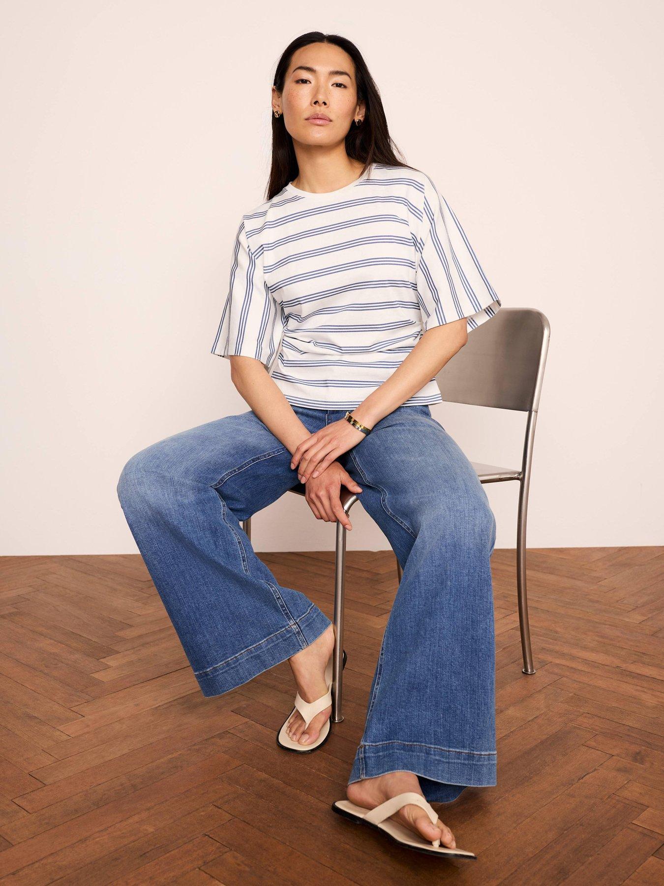 Mint Velvet Striped Batwing Sleeve Ruched T-Shirt - Blue