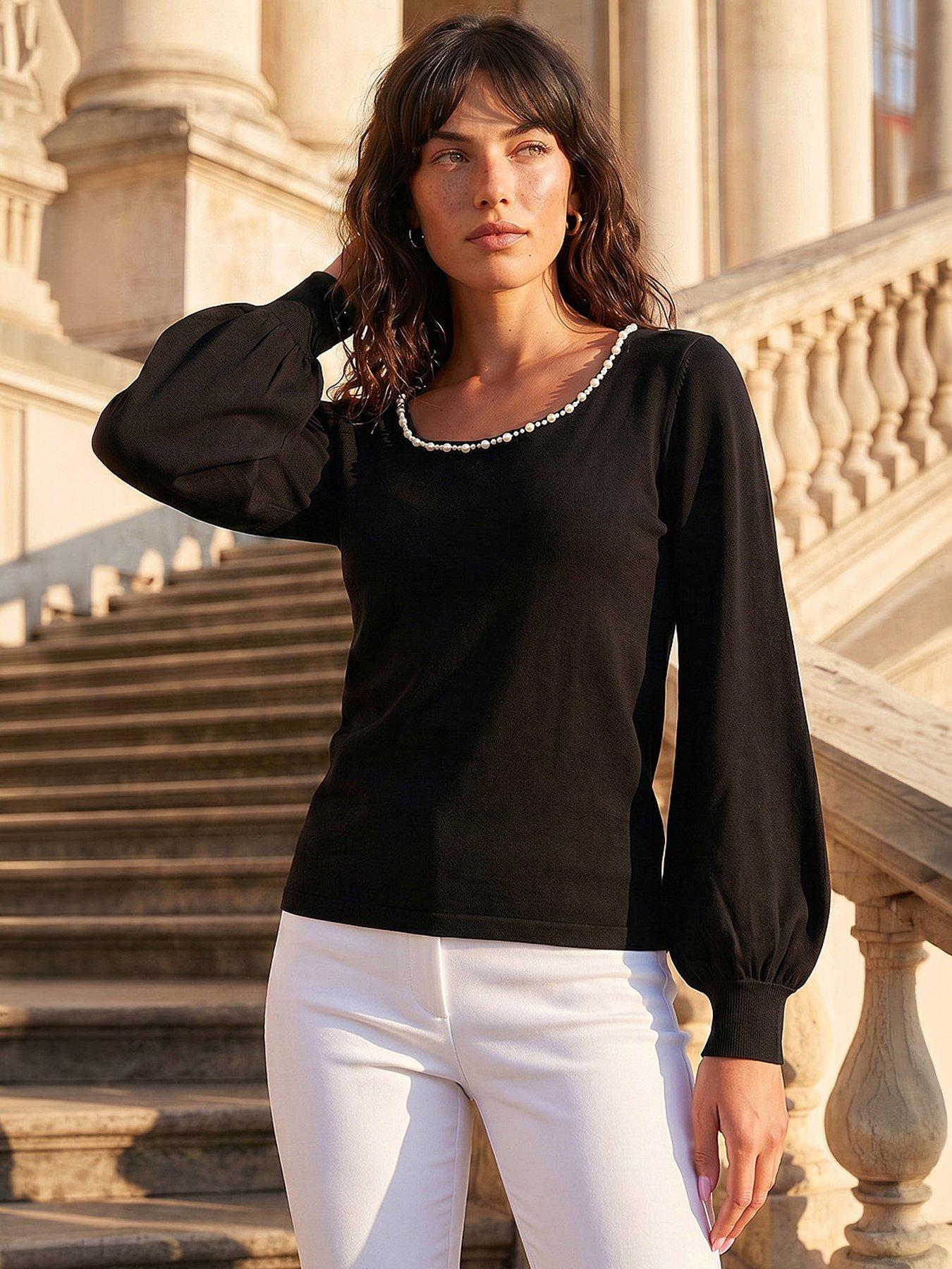 Roman Square Neck Pearl Trim Knit Jumper