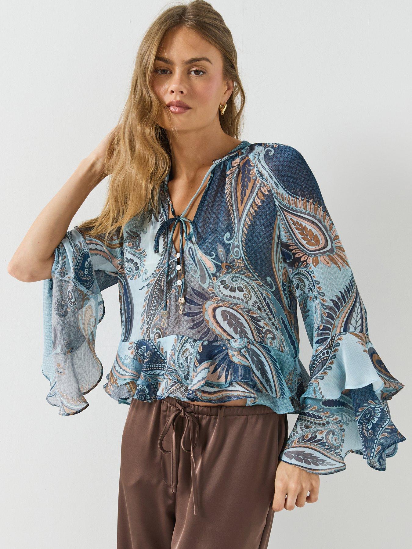 Image 1 of 6 of Guess Long Sleeve Nicole Ruffled Blouse - Blue