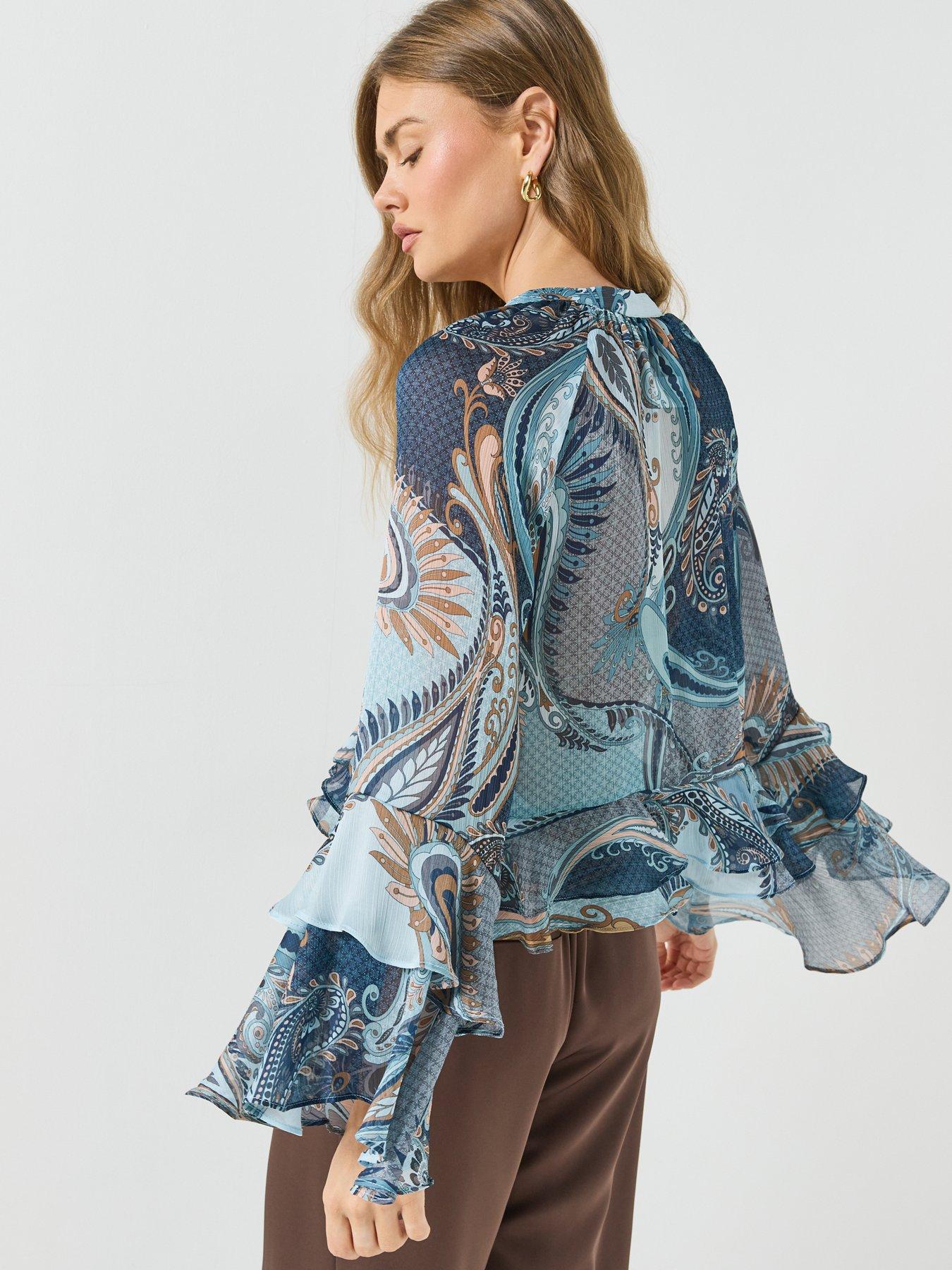 Image 2 of 6 of Guess Long Sleeve Nicole Ruffled Blouse - Blue