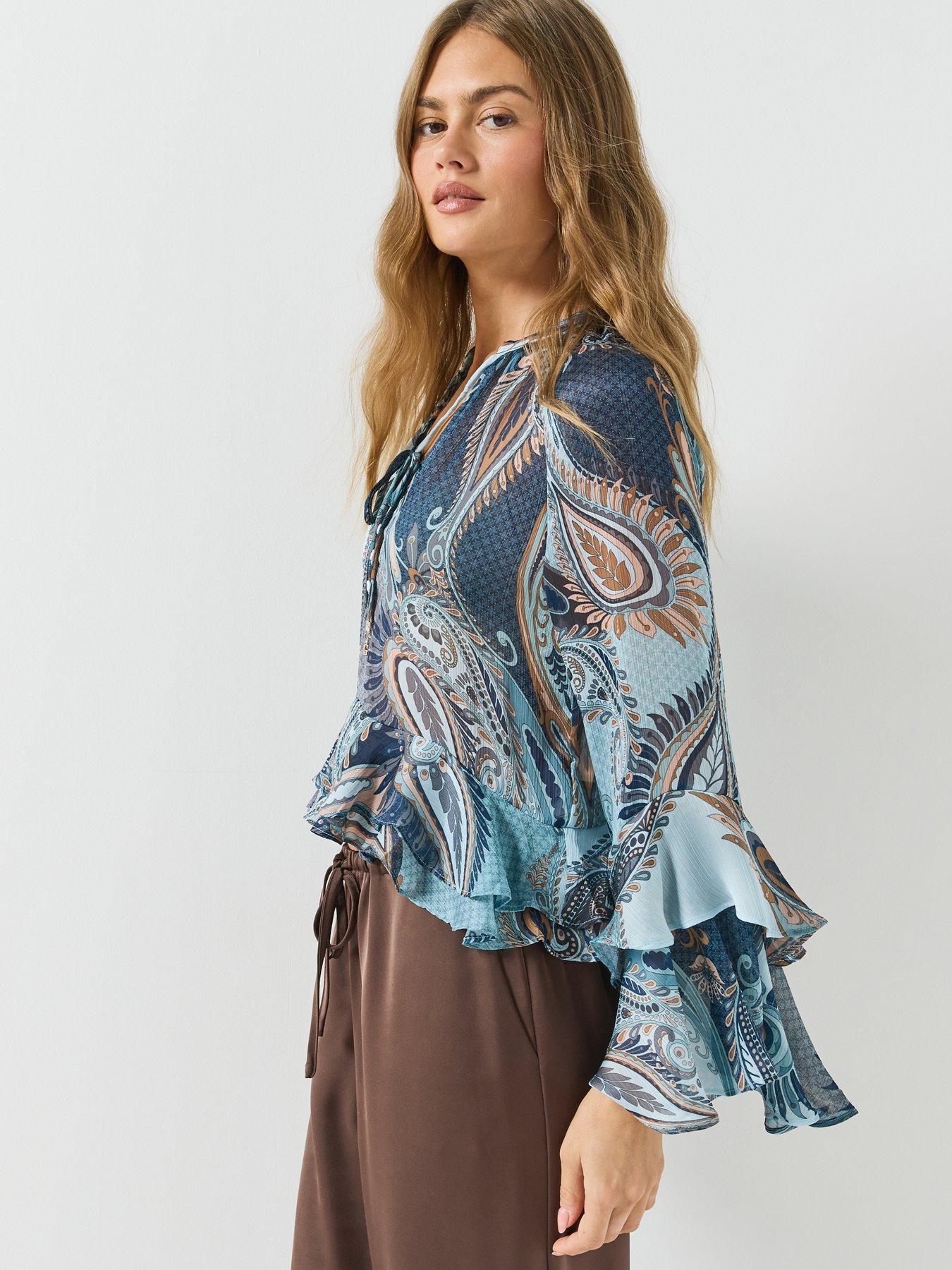 Image 4 of 6 of Guess Long Sleeve Nicole Ruffled Blouse - Blue