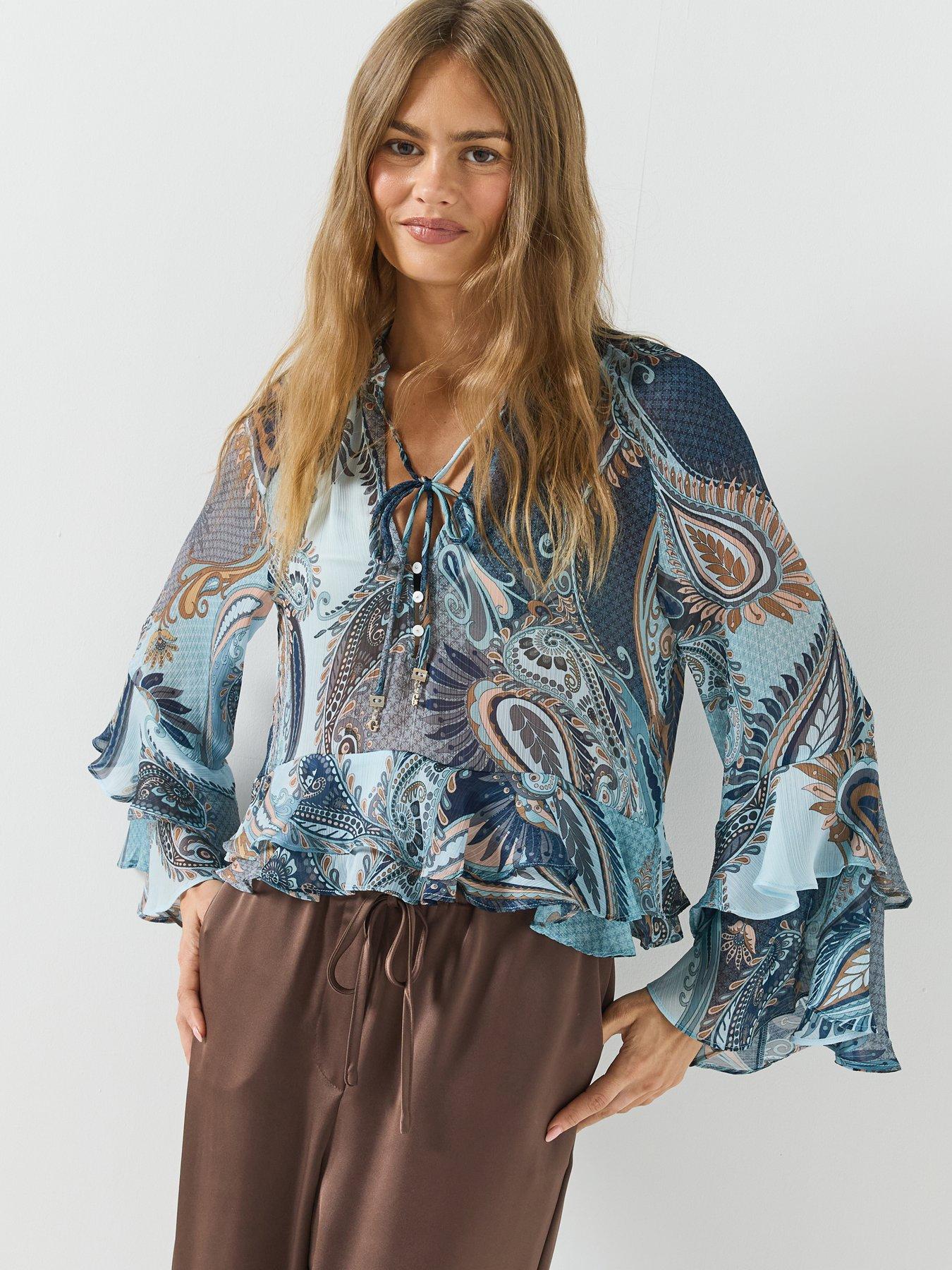 Image 5 of 6 of Guess Long Sleeve Nicole Ruffled Blouse - Blue