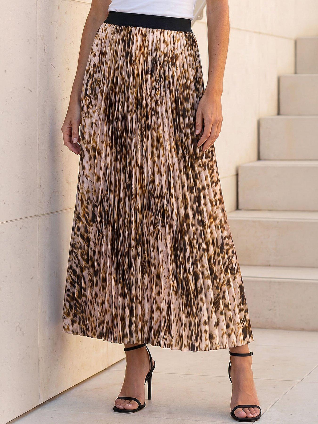 Roman Animal Print Pleated Midi Skirt - Cream