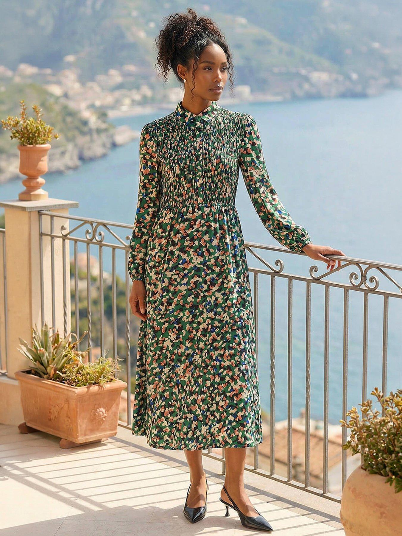 Roman Speckled Print Shirred Midi Dress