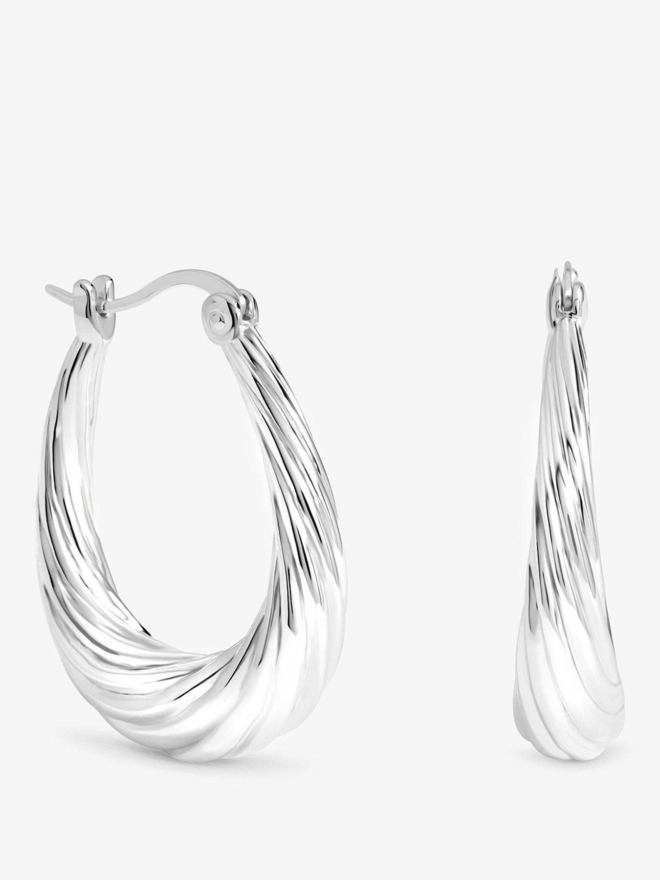 Inicio Inicio Silver Textured Large Oval Catch Hoops