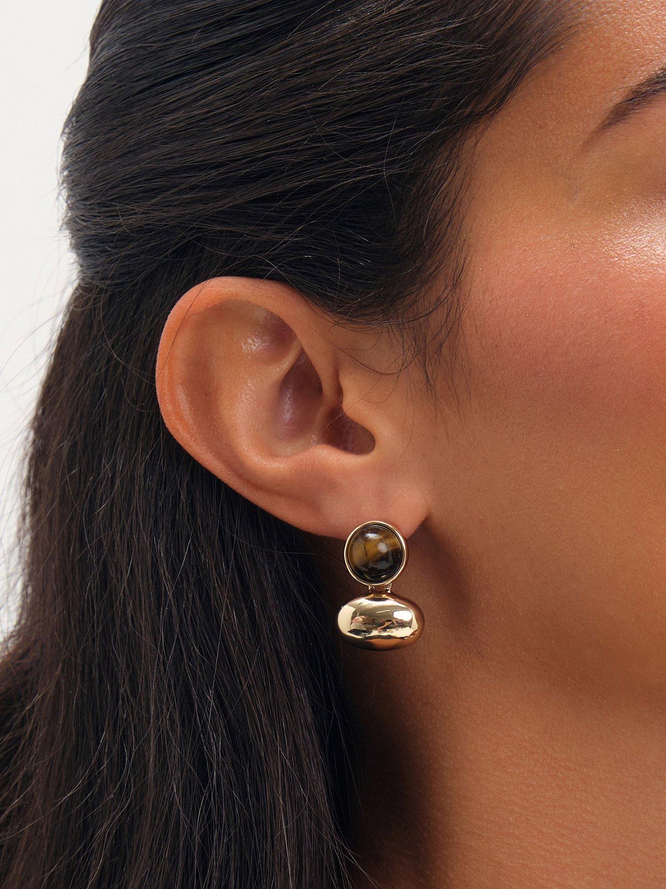 Jon Richard Jon Richard Gold Plated Tigers Eye And Polished Drop Earrings