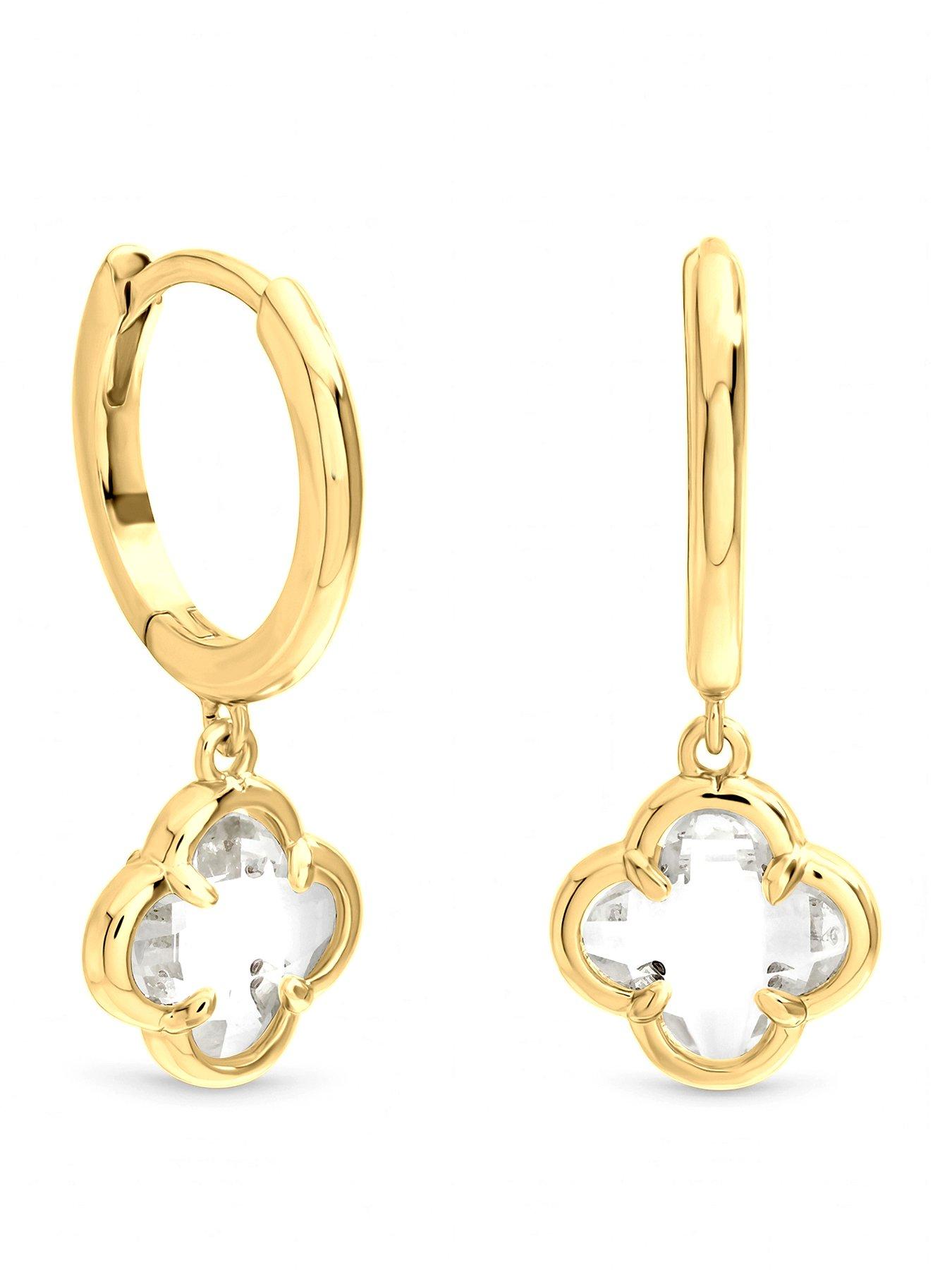 Inicio Inicio Gold Crystal Clover Charm Huggie Hoops