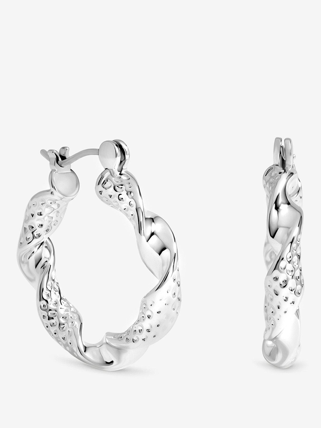 Inicio Inicio Silver Textured Twist Catch Hoop Earrings
