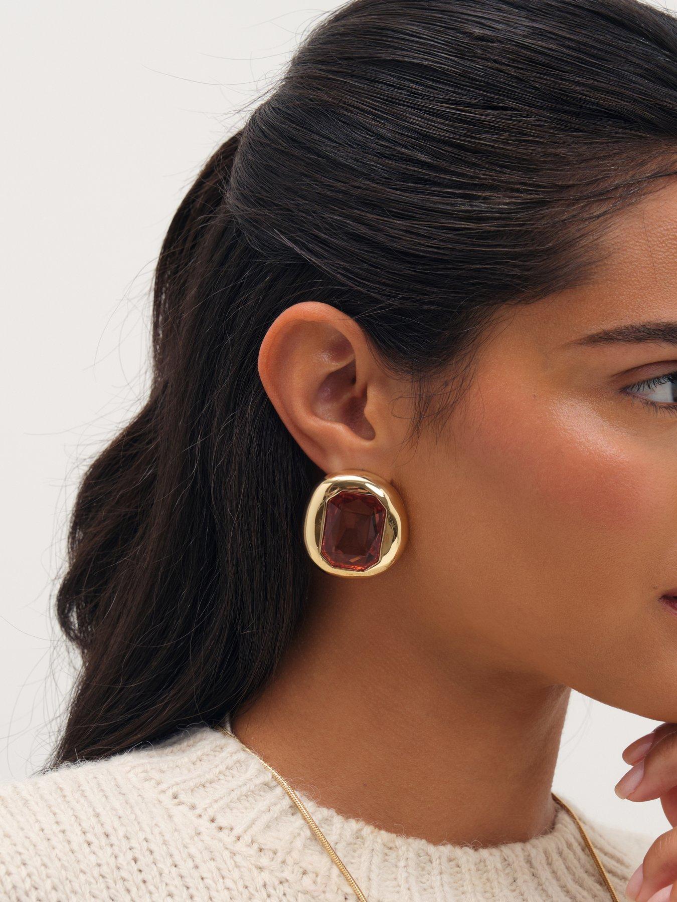 Image 2 of 3 of Mood Gold Plated And Burgundy Stone Statement Stud Earrings