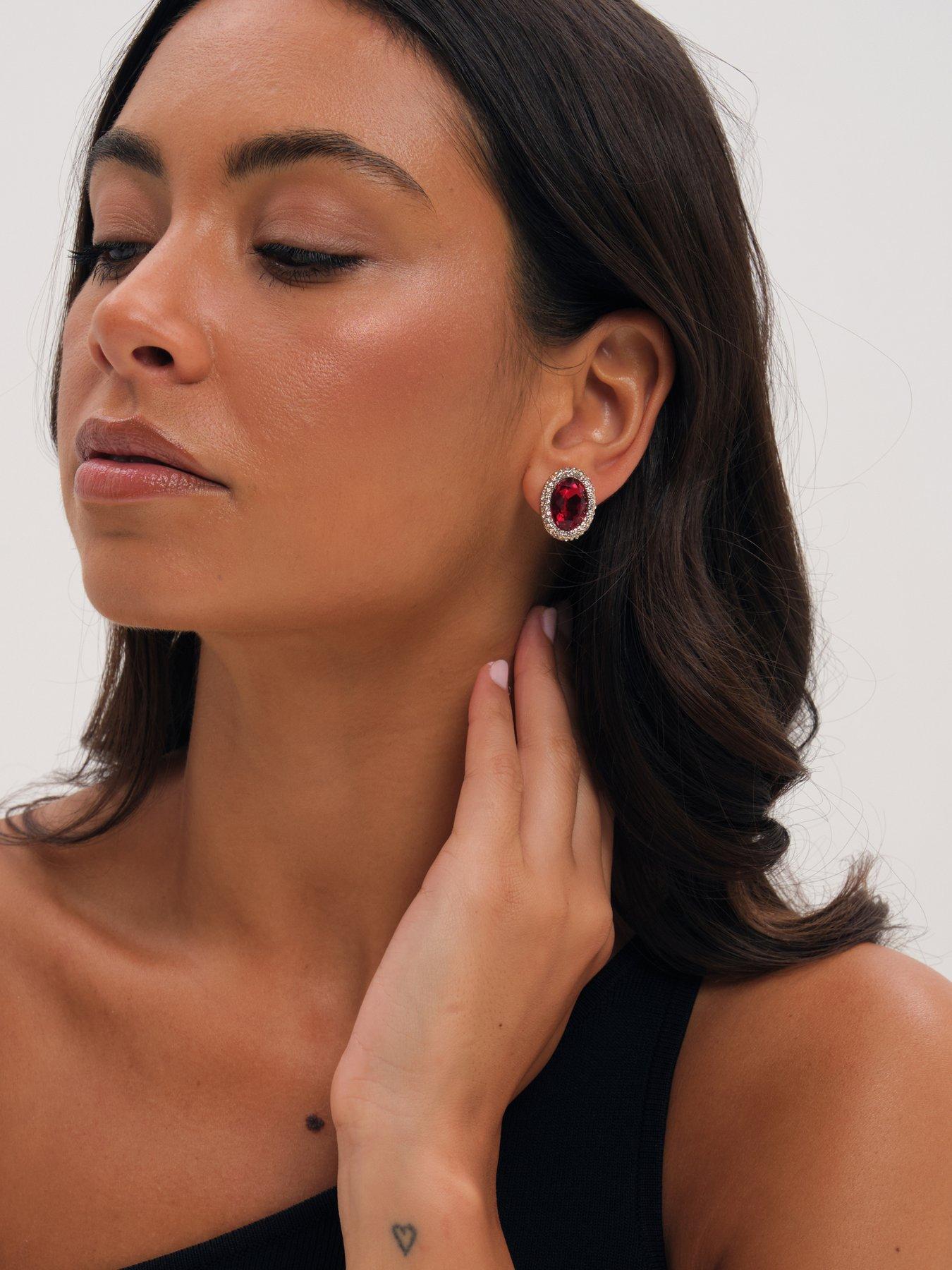 Image 3 of 3 of Mood Mood Gold Plated Crystal And Red Stud Earrings
