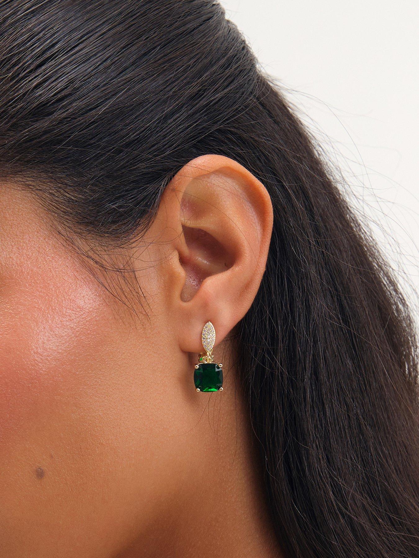 Image 1 of 3 of Jon Richard Rhodium Plated Cubic Zirconia Emerald Drop Clip Earrings