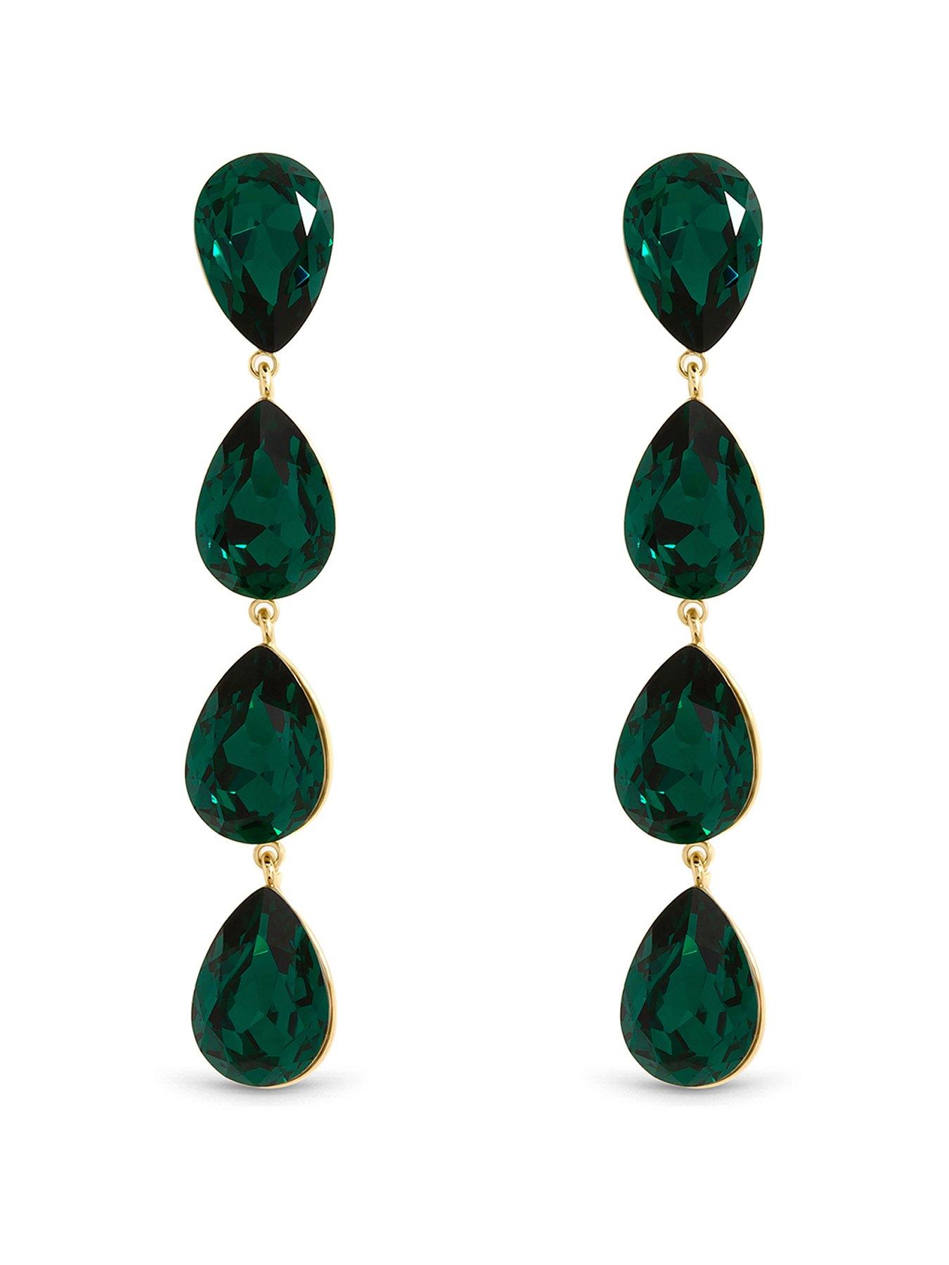 Image 1 of 3 of Jon Richard Gold Plated Emerald Linear Pear Drop Earrings