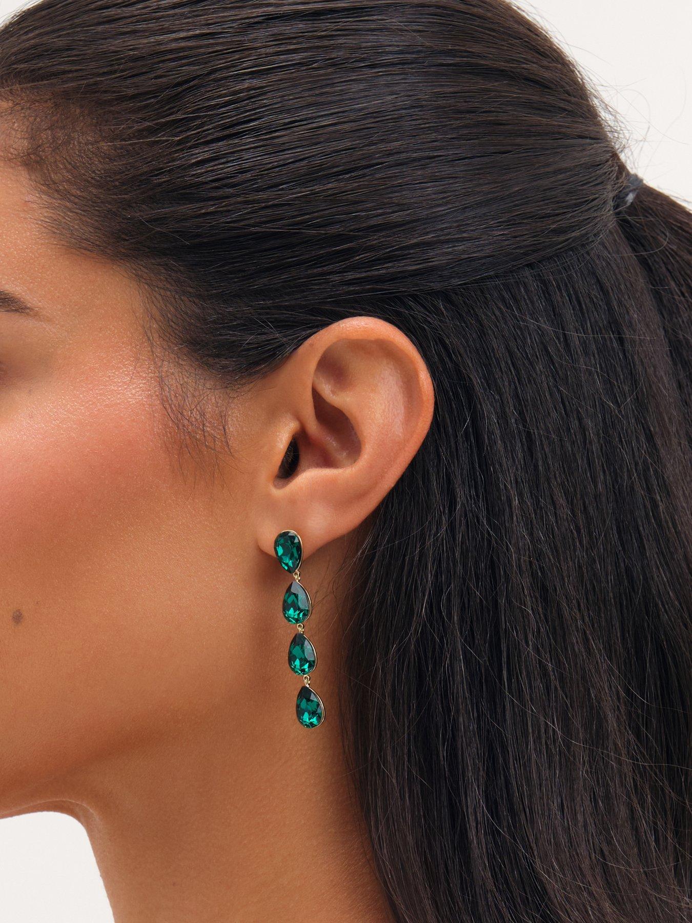 Image 2 of 3 of Jon Richard Gold Plated Emerald Linear Pear Drop Earrings
