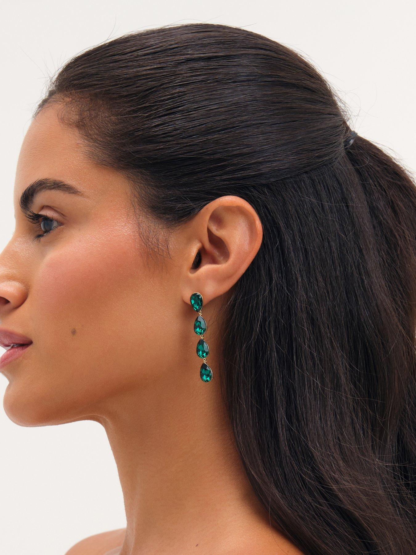 Image 3 of 3 of Jon Richard Gold Plated Emerald Linear Pear Drop Earrings