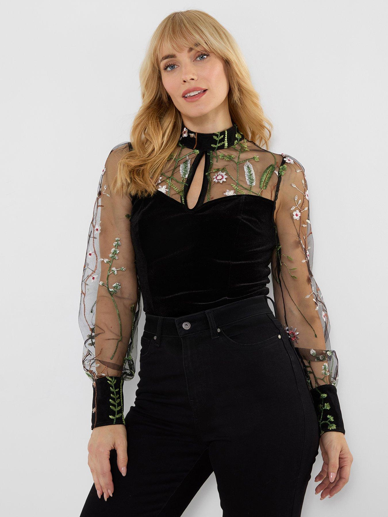 Joe Browns High Neck Velvet Top With Embroidered Mesh Sleeves