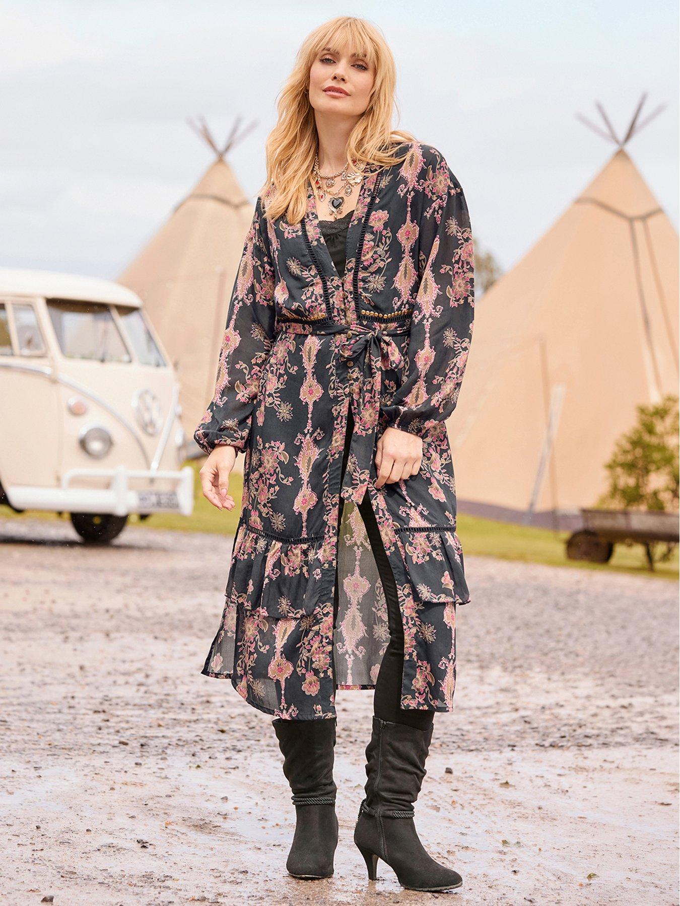 Image 1 of 7 of Joe Browns Henrietta Printed Longline Kimono With Embellishment Detail