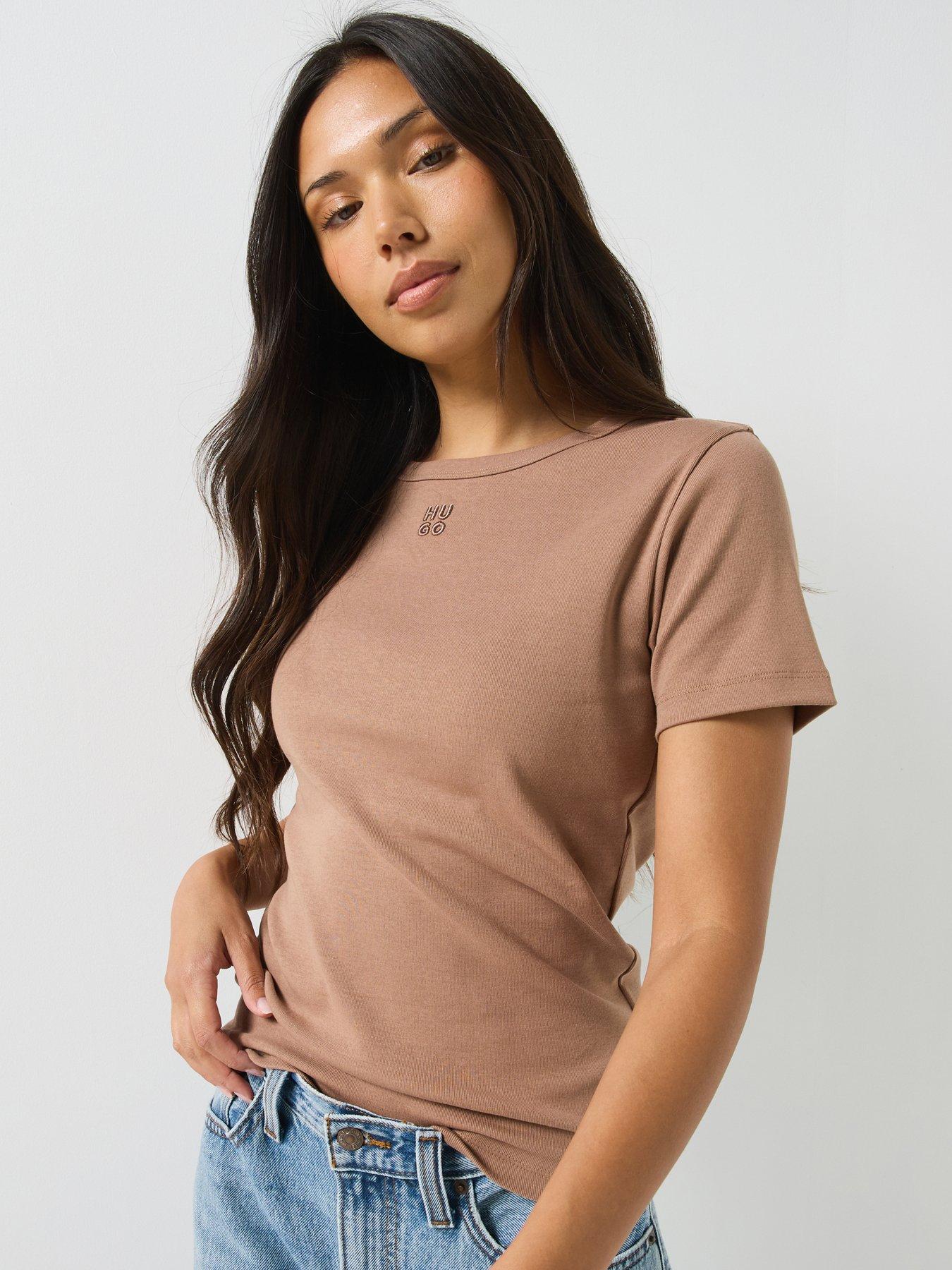 HUGO Regular Fit T-shirt With Stacked Logo Embroidery - Brown