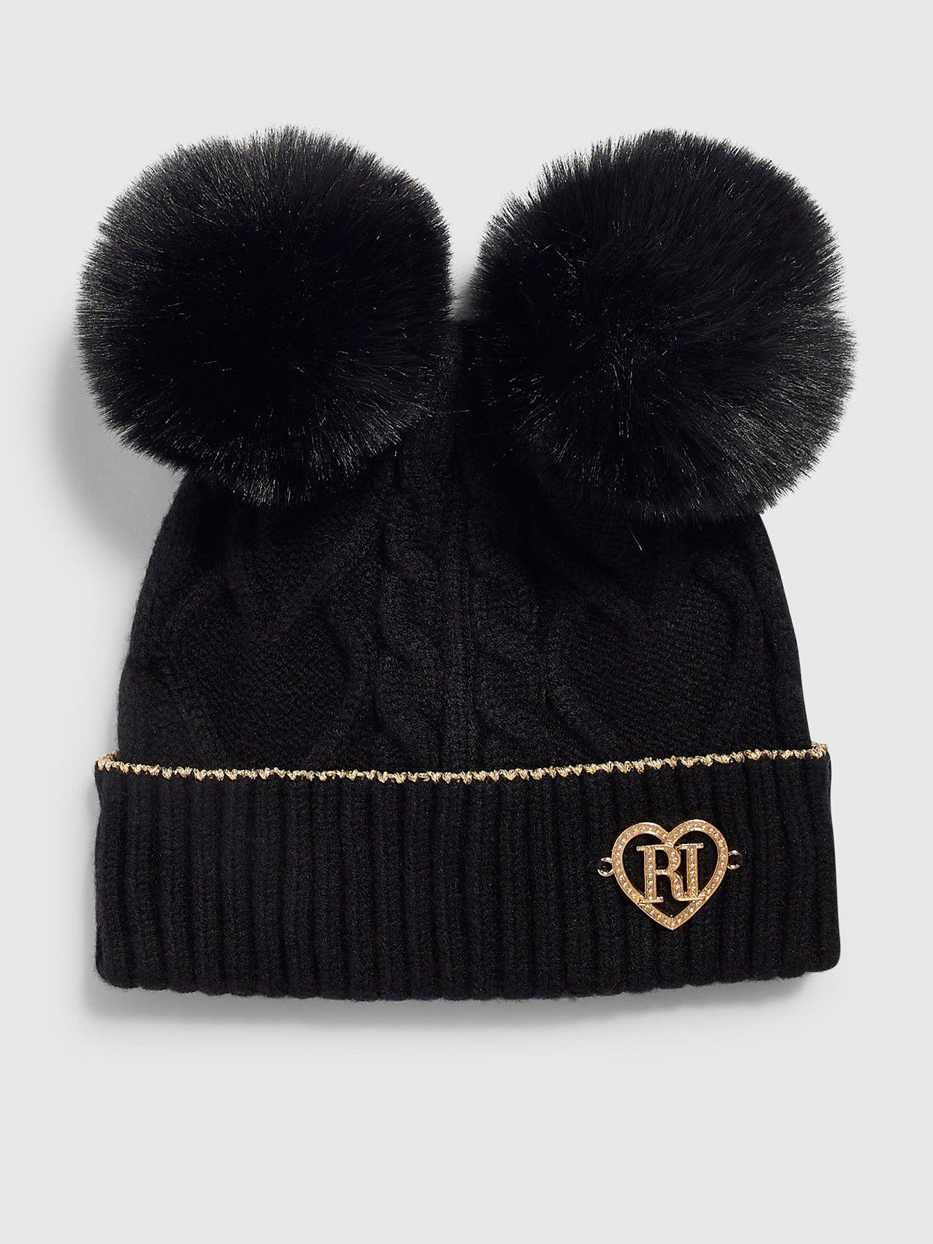 Image 1 of 3 of River Island Mini Mini Girls Double Pom Beanie Hat - Black