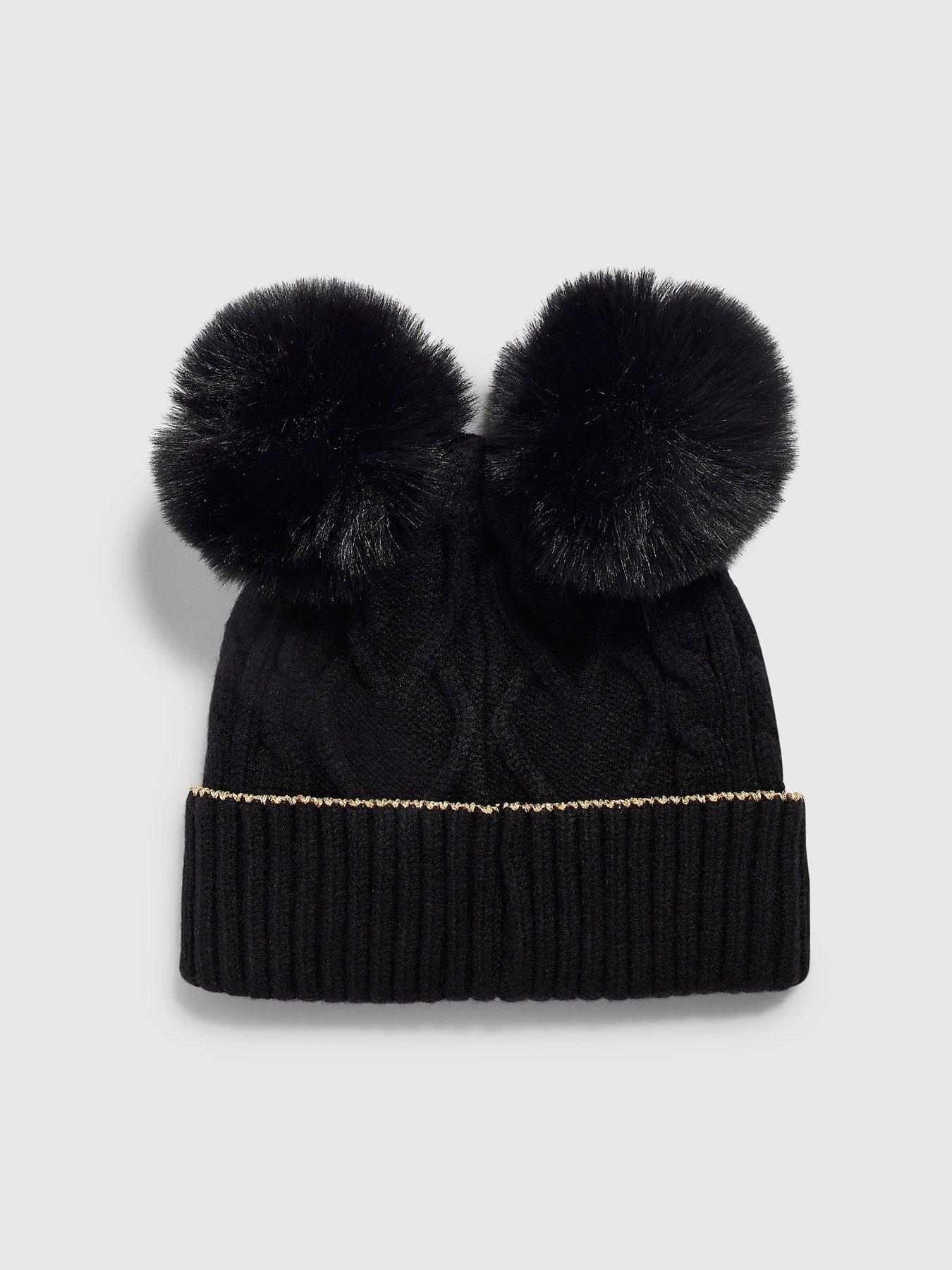 Image 2 of 3 of River Island Mini Mini Girls Double Pom Beanie Hat - Black