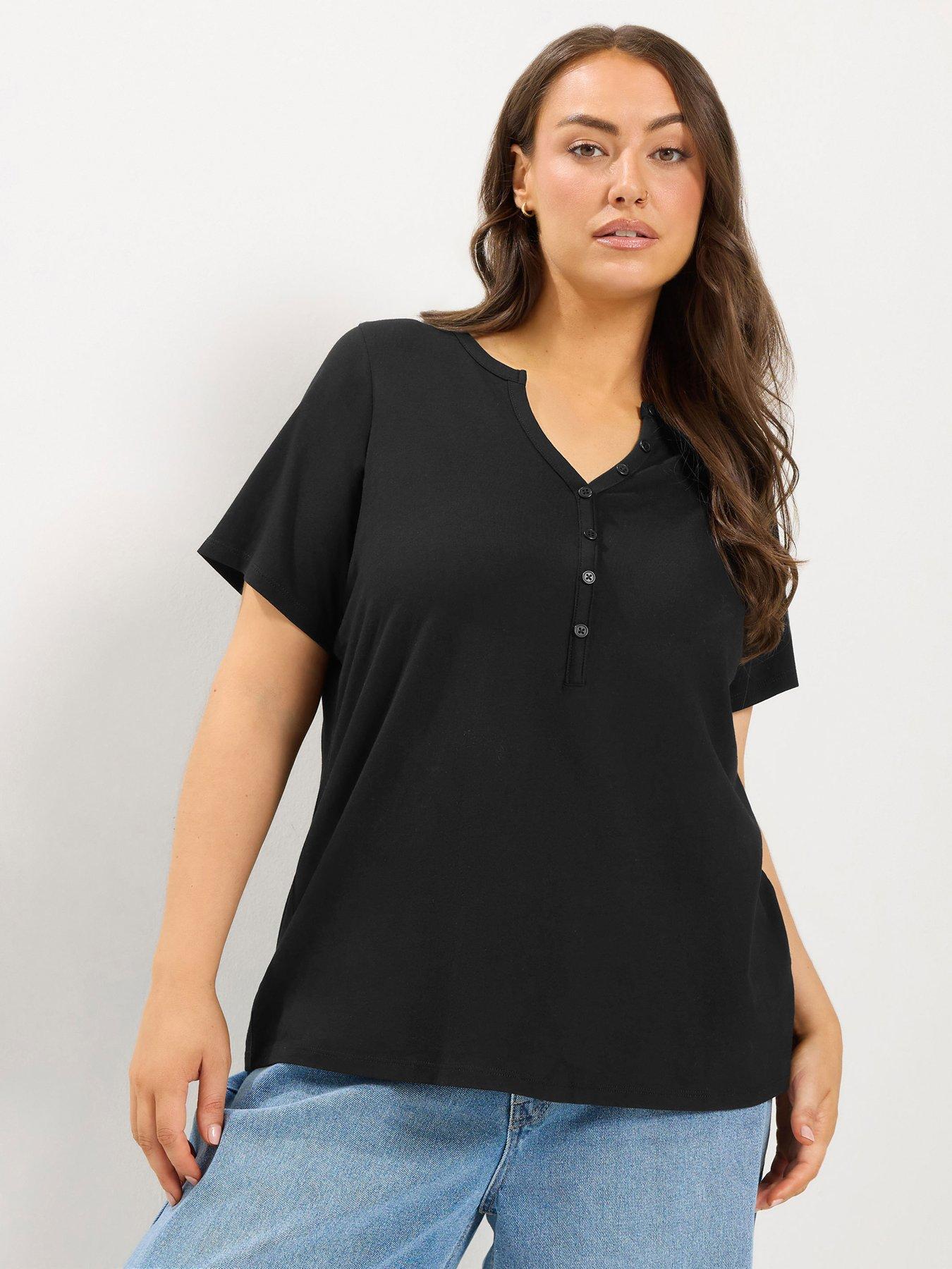 Yours Curve Short Sleeve Henley Button T-Shirt - Black