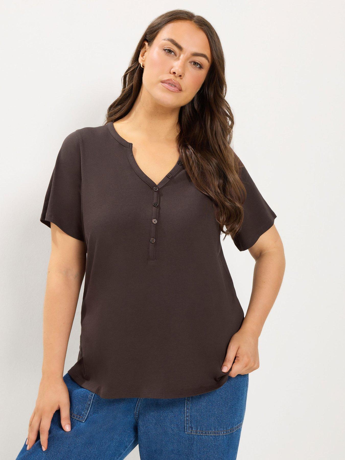 Image 1 of 4 of Yours Curve Short Sleeve Henley Button T-Shirt - Brown
