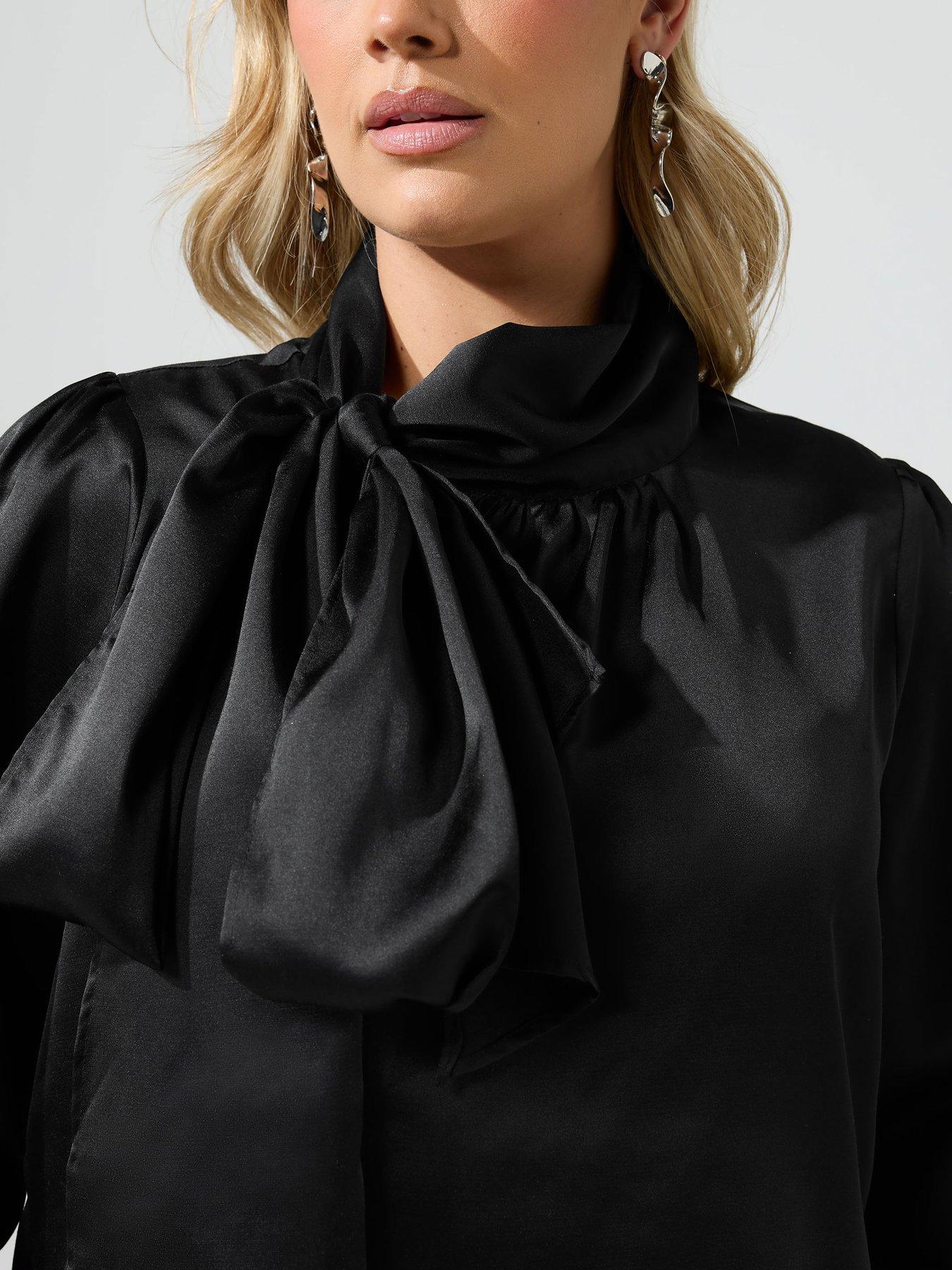 Image 4 of 4 of Yours Curve Satin Bow Blouse - Black