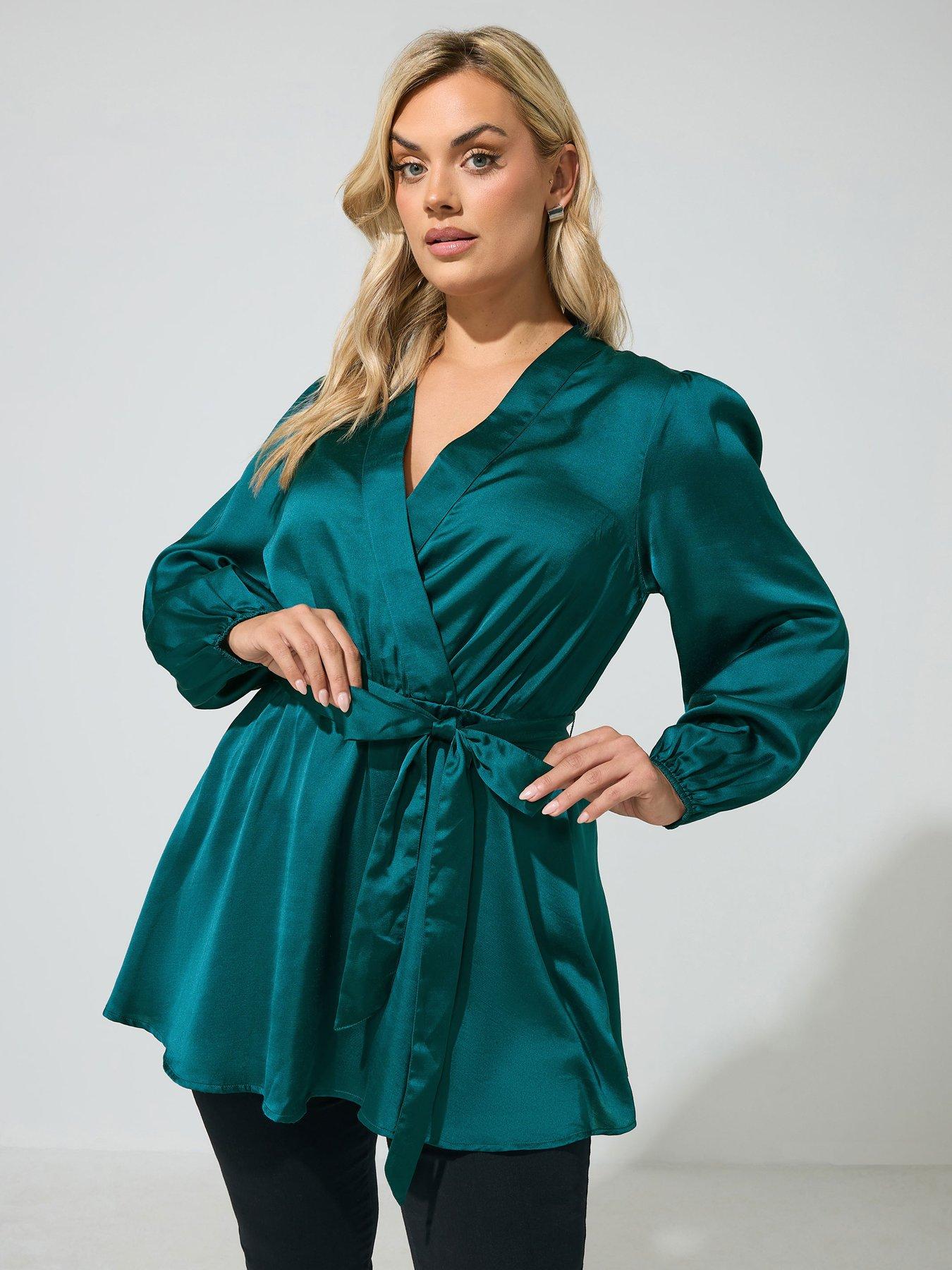 Image 1 of 4 of Yours Curve Satin Wrap Blouse - Green